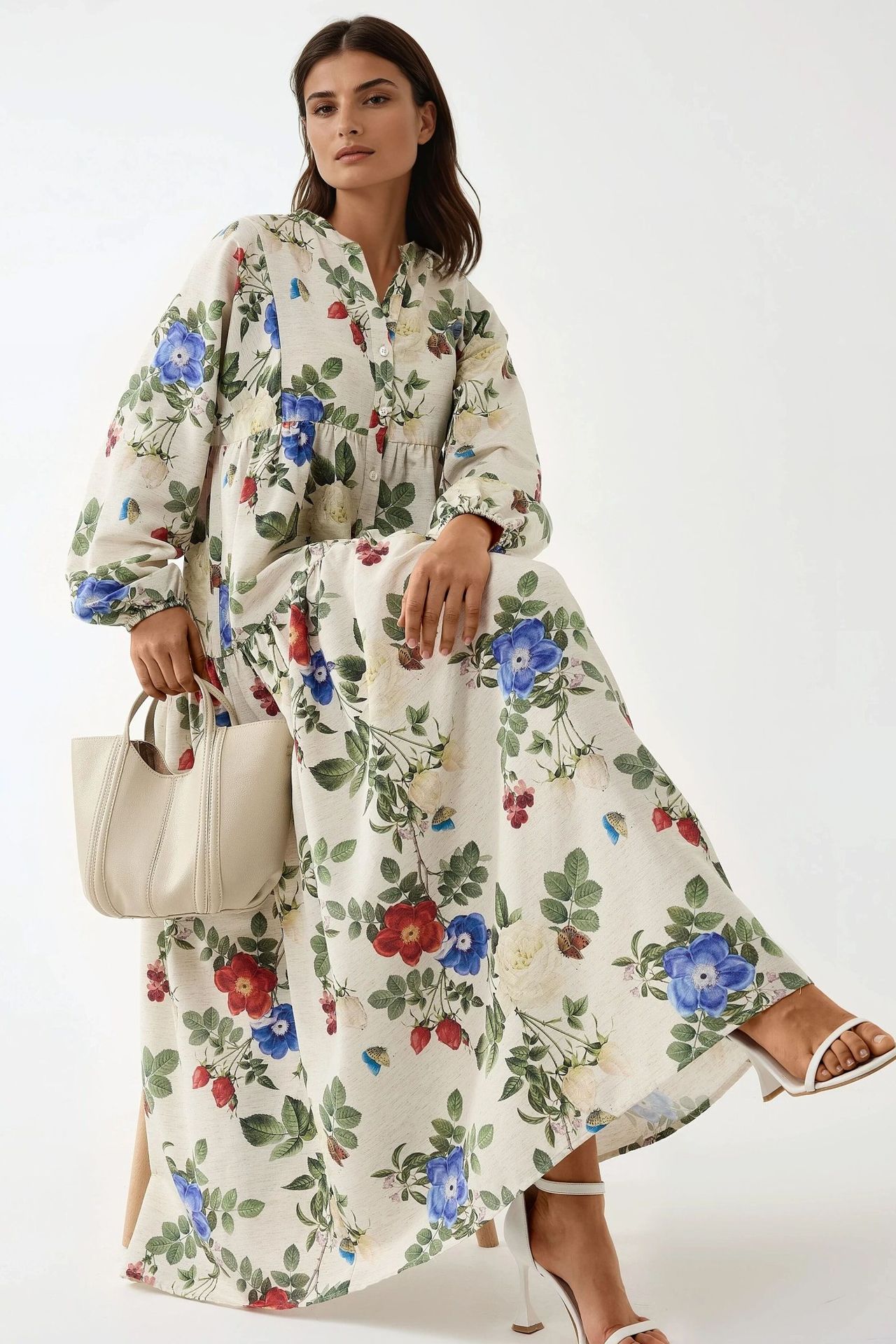 Floral Linen Feel Crew Neck Maxi Dress