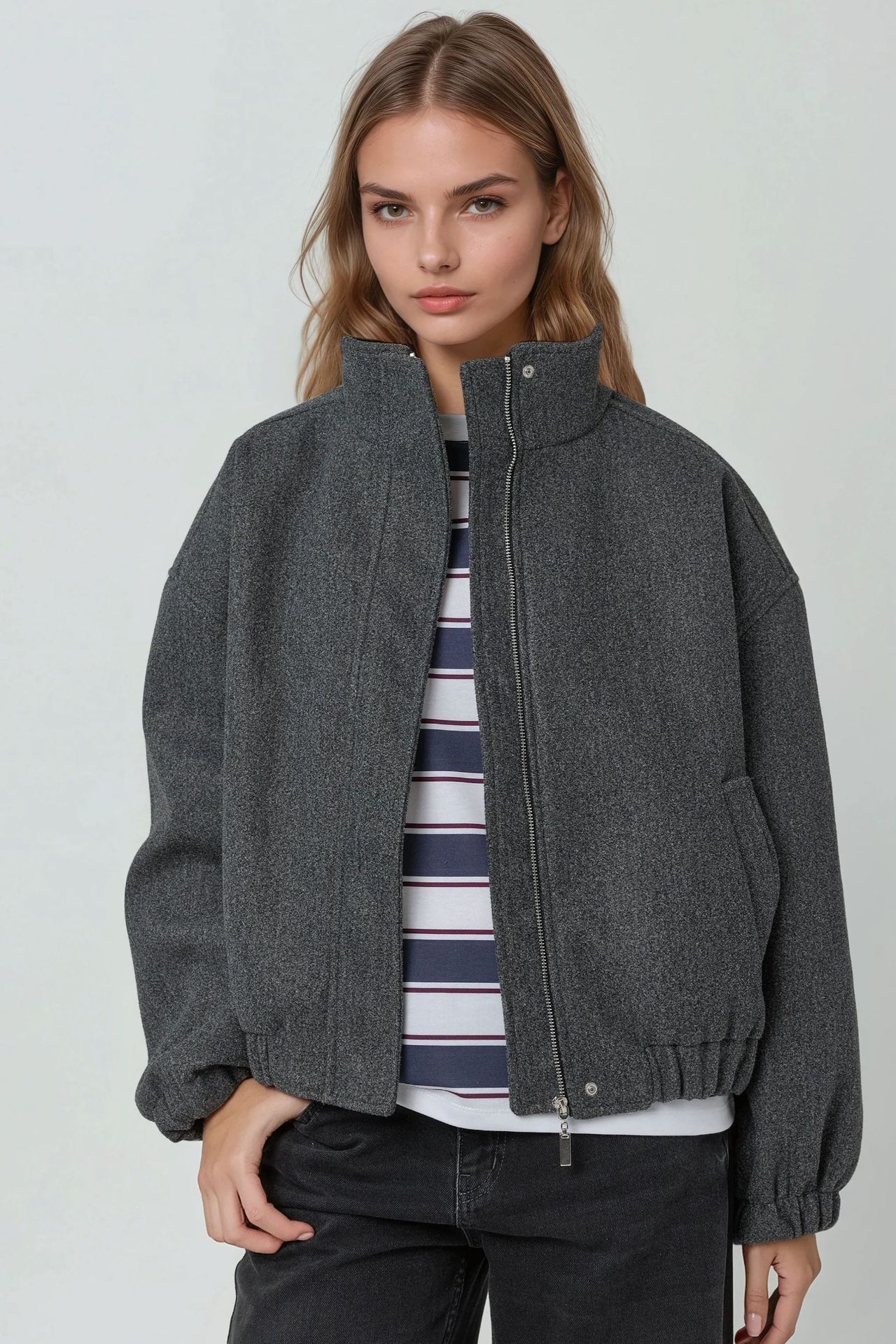 Oversized Turtleneck Textured Jacket 1