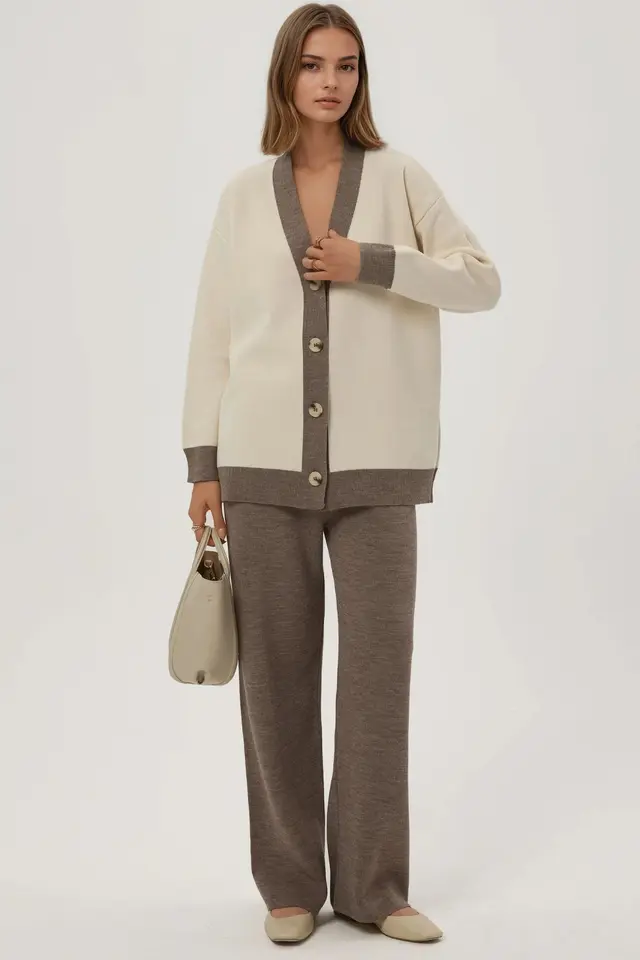 Buttoned Cardigan & Textured High Waist Knit Pants Co-Ord Set