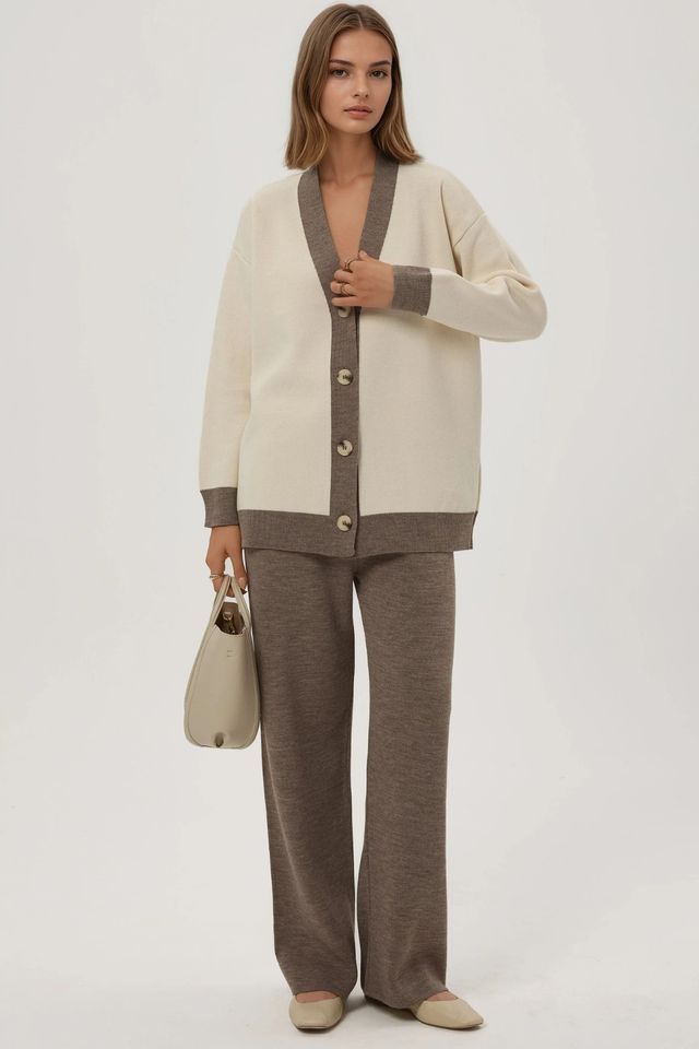 Buttoned Cardigan & Textured High Waist Knit Pants Co-Ord Set