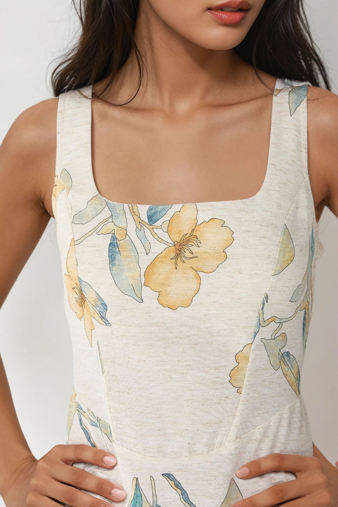Square Neck Flower Pattern Linen Feel Mini Dress