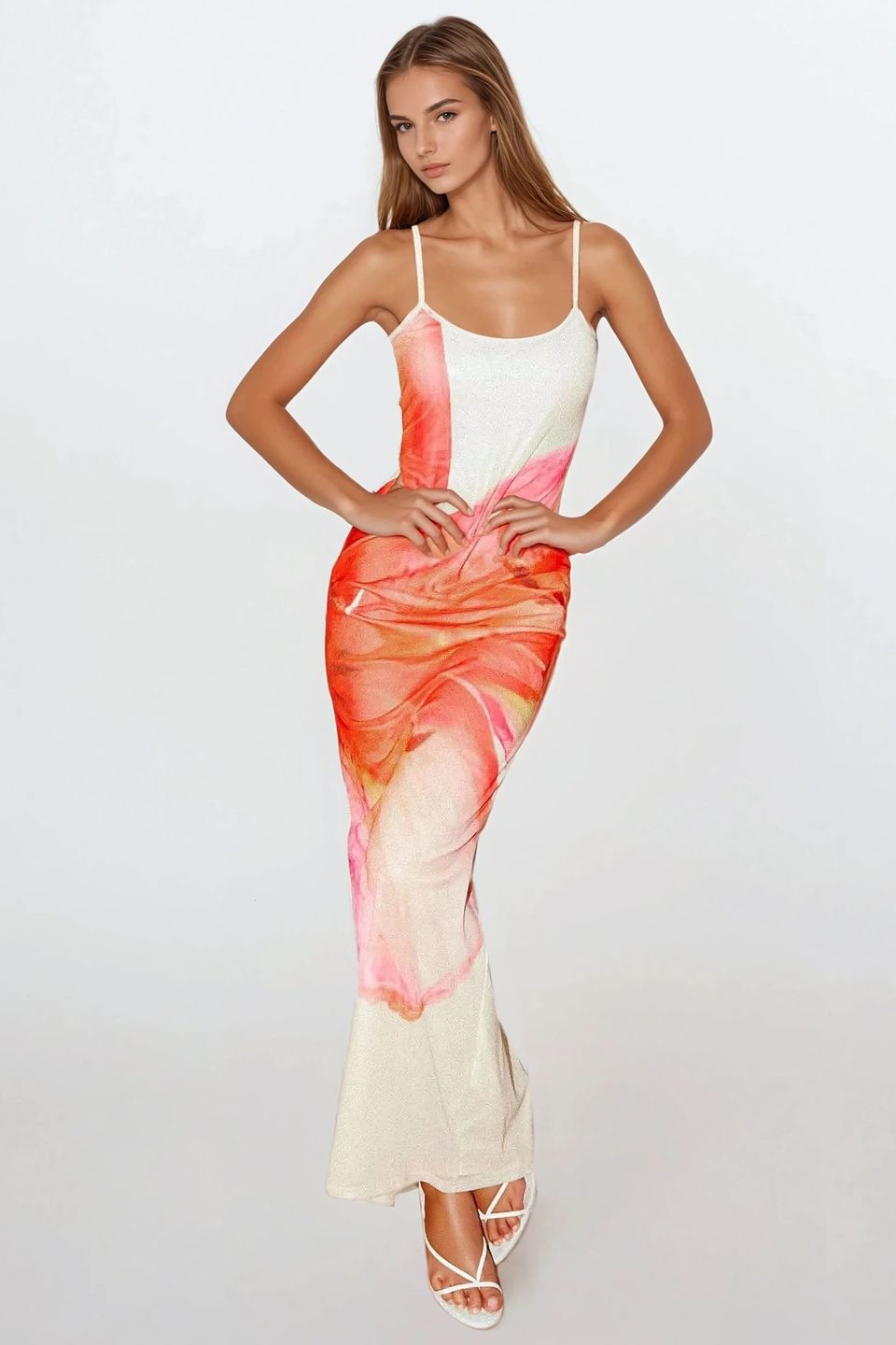 Square Collar Bodycon Maxi Dress with Floral Print