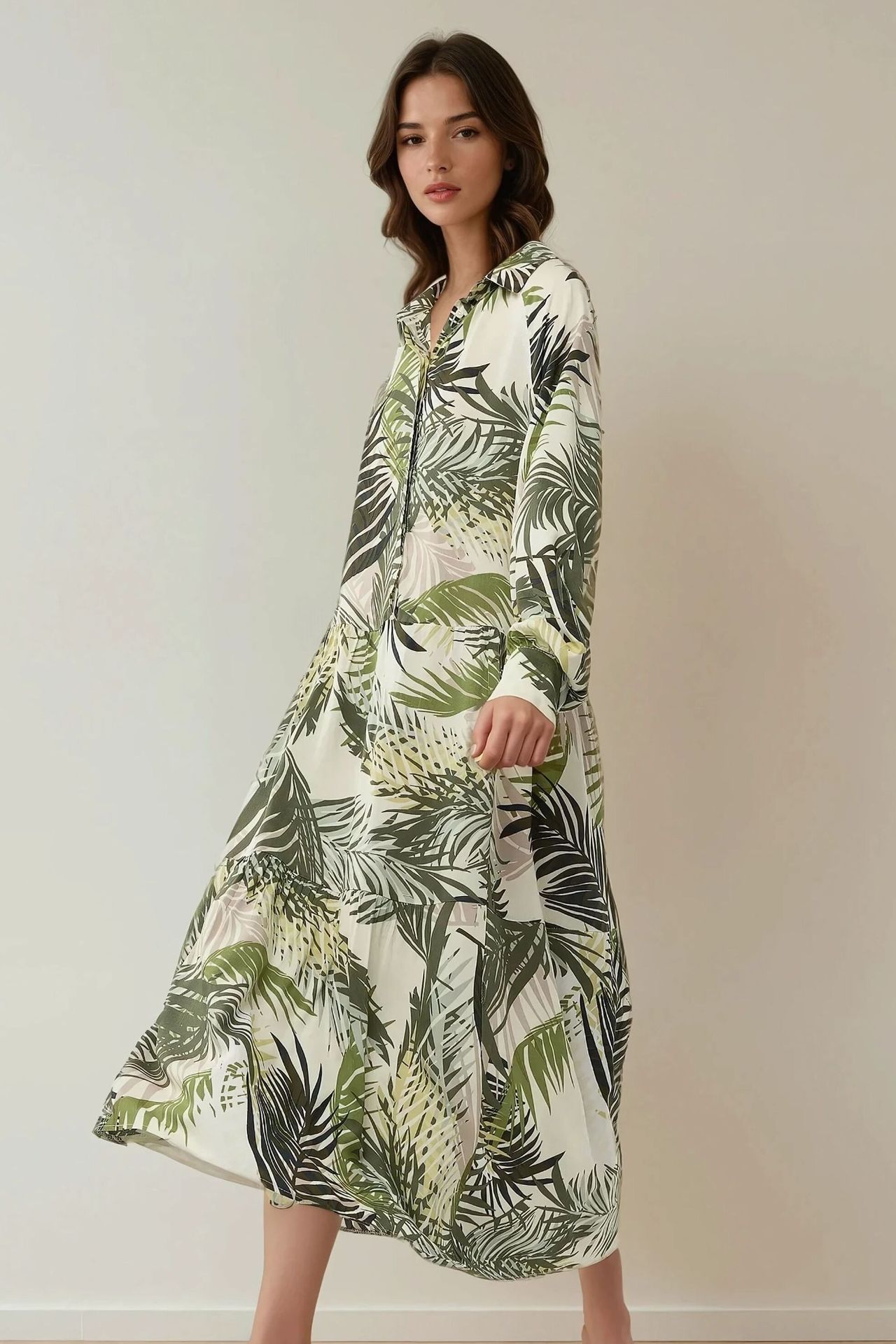 Shirt Collar Flower Pattern Maxi Dress