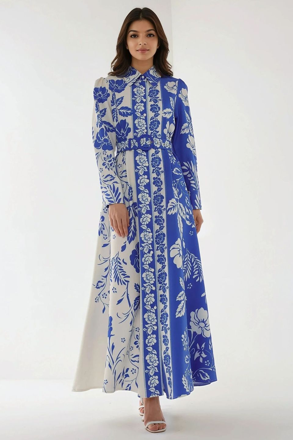 Printed Long Sleeve Maxi Dress with Belt