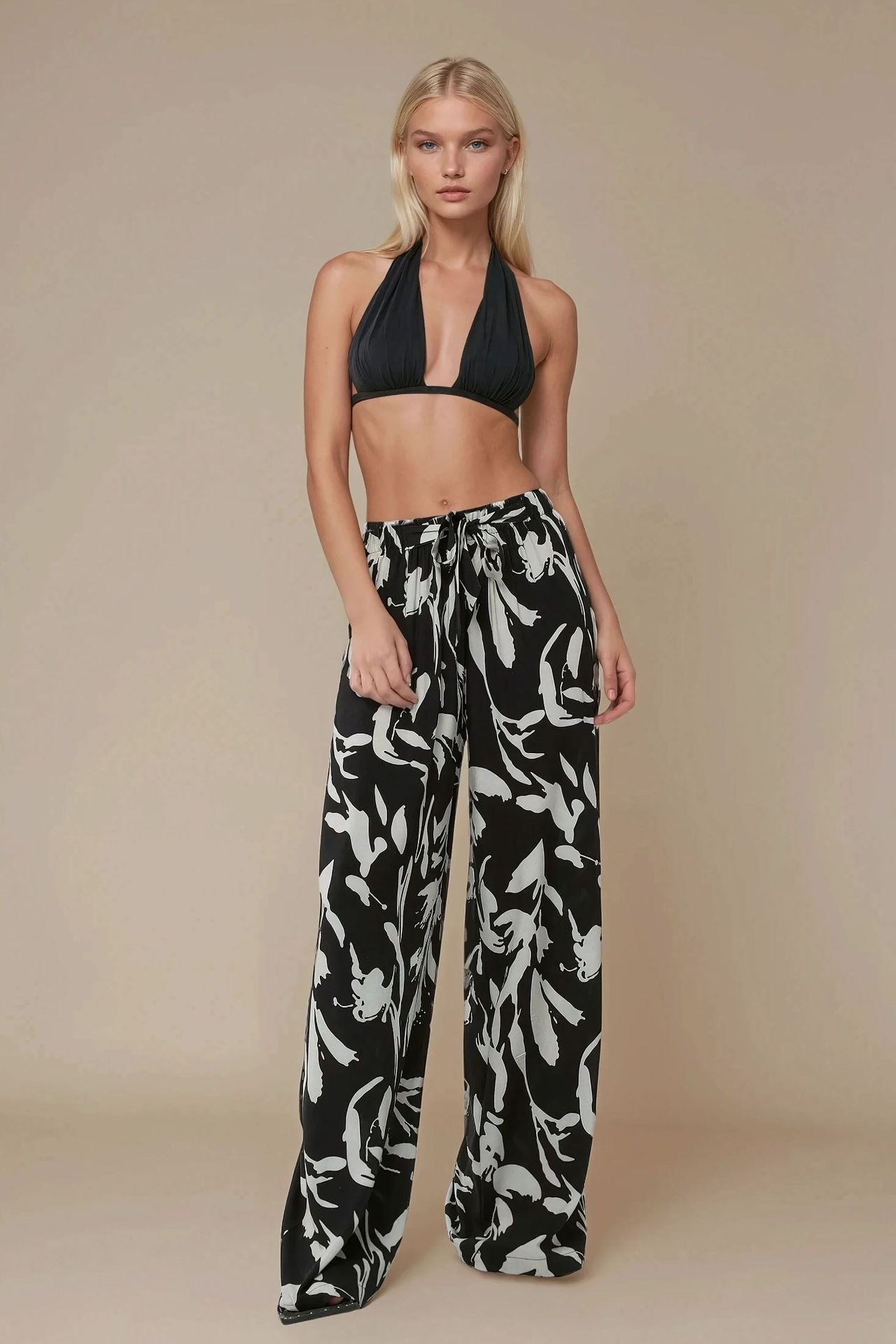 Wide Leg Elastic Waist Printed Pants