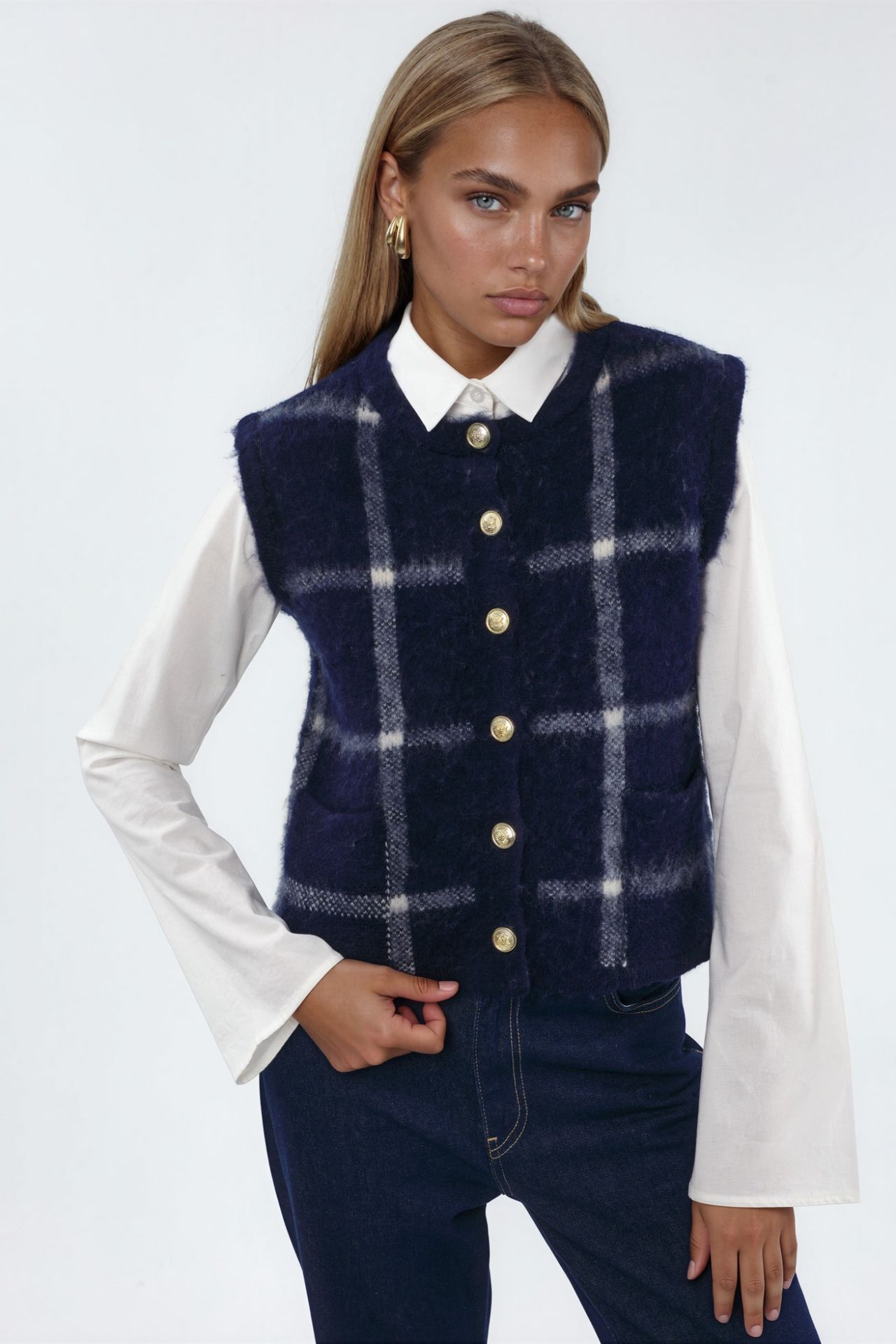 Plaid Crew Neck Sweater Vest with Buttons 1
