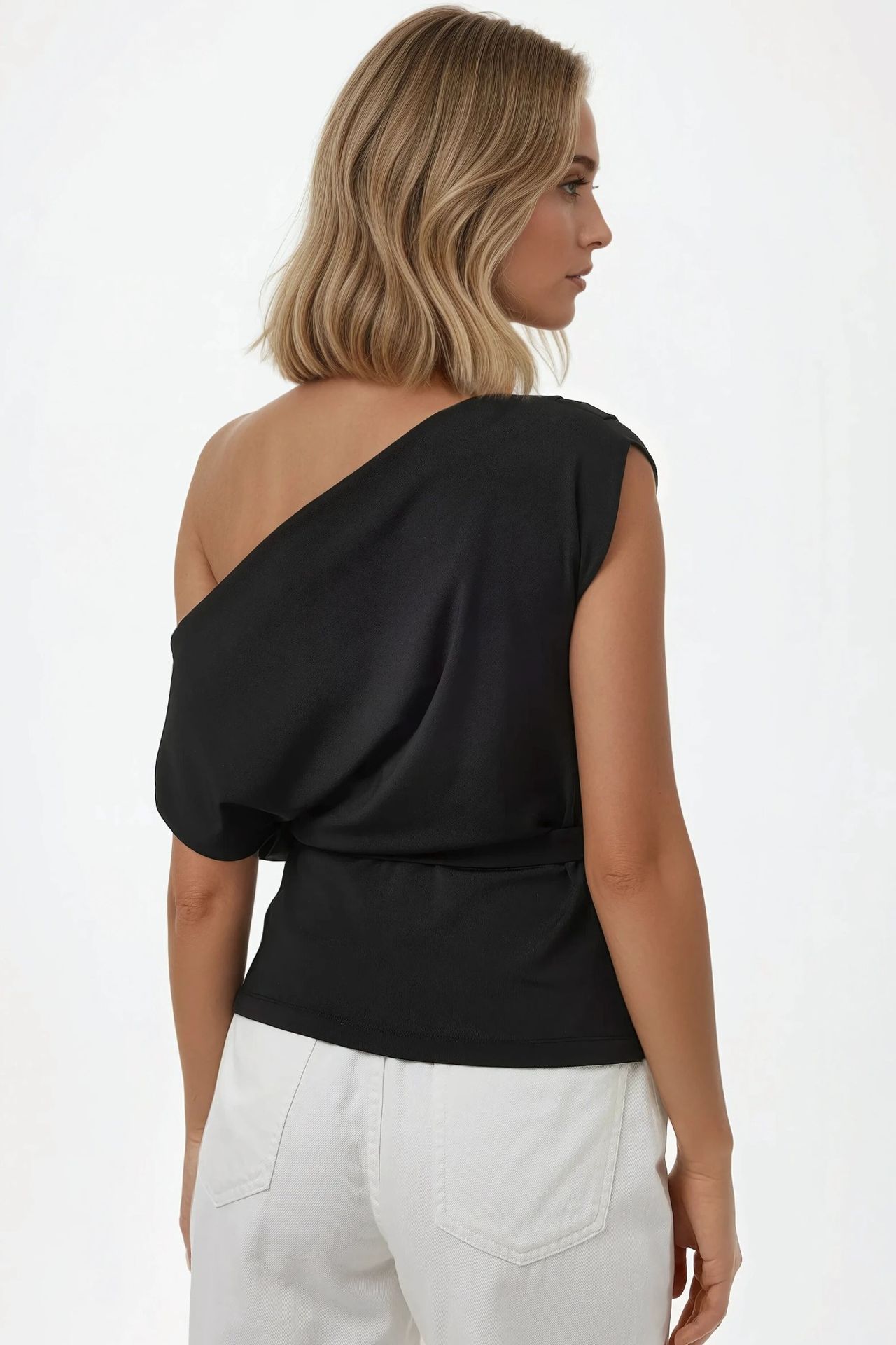 Shawl Collar Drapped Belted Top
