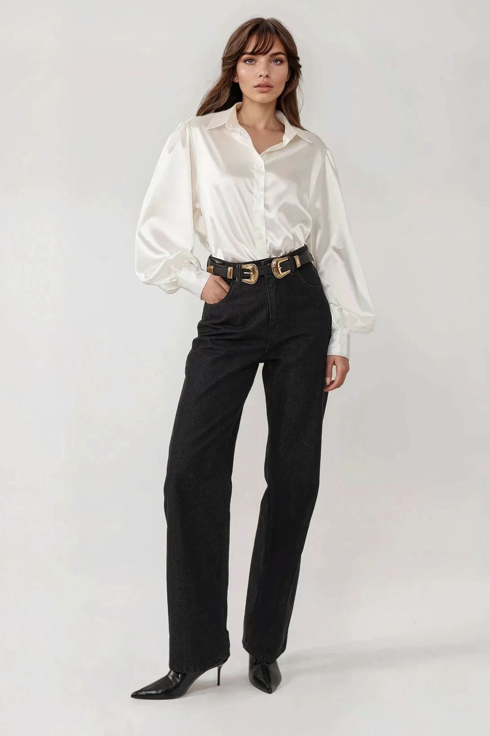 Satin Weave Long Baloon Sleeve Shirt