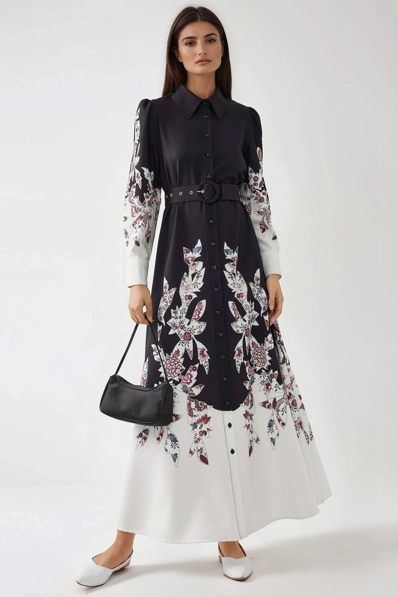 Printed Long Sleeve Maxi Dress with Belt