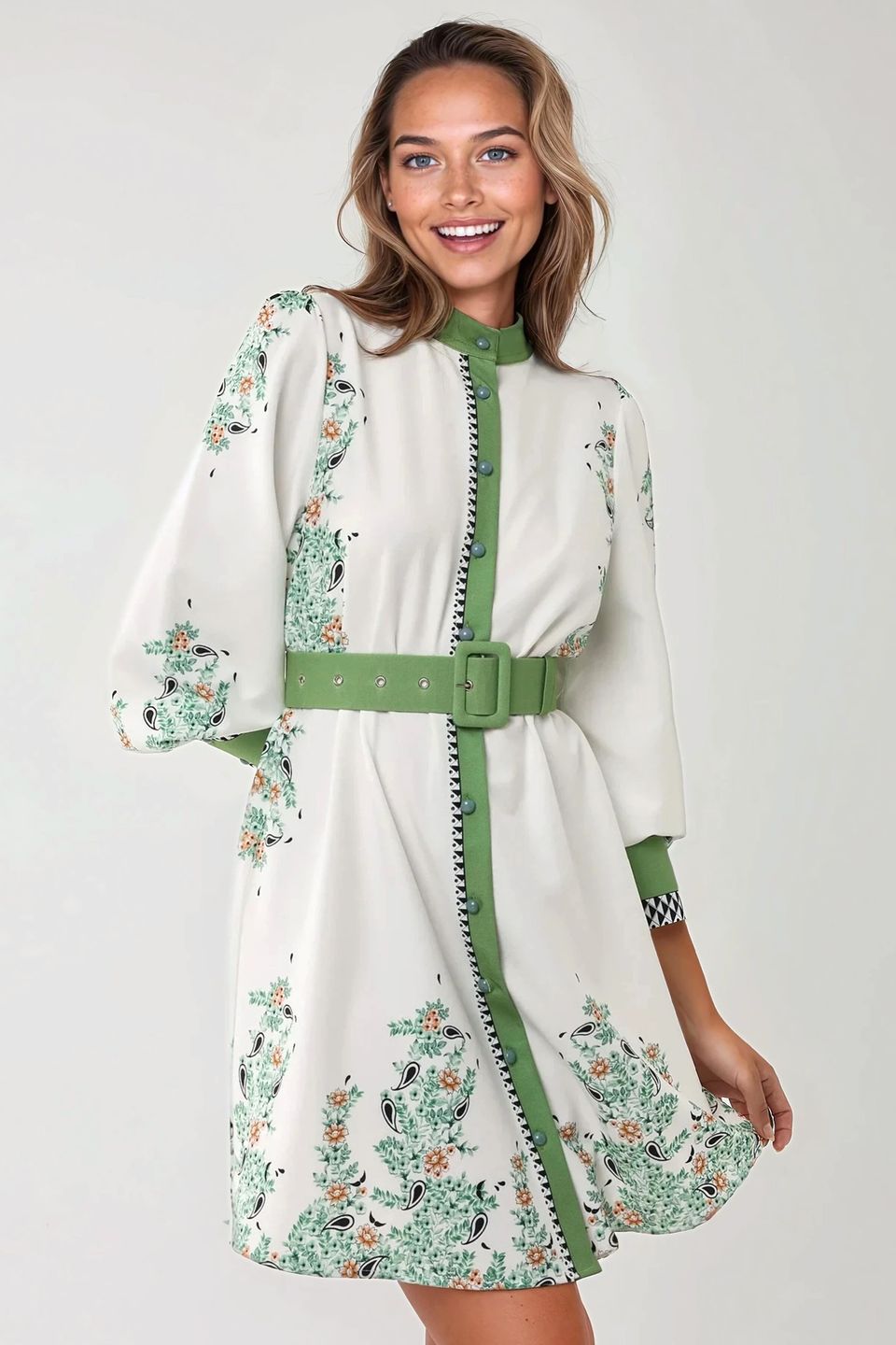 Printed Crew Neck Mini Dress with Belt