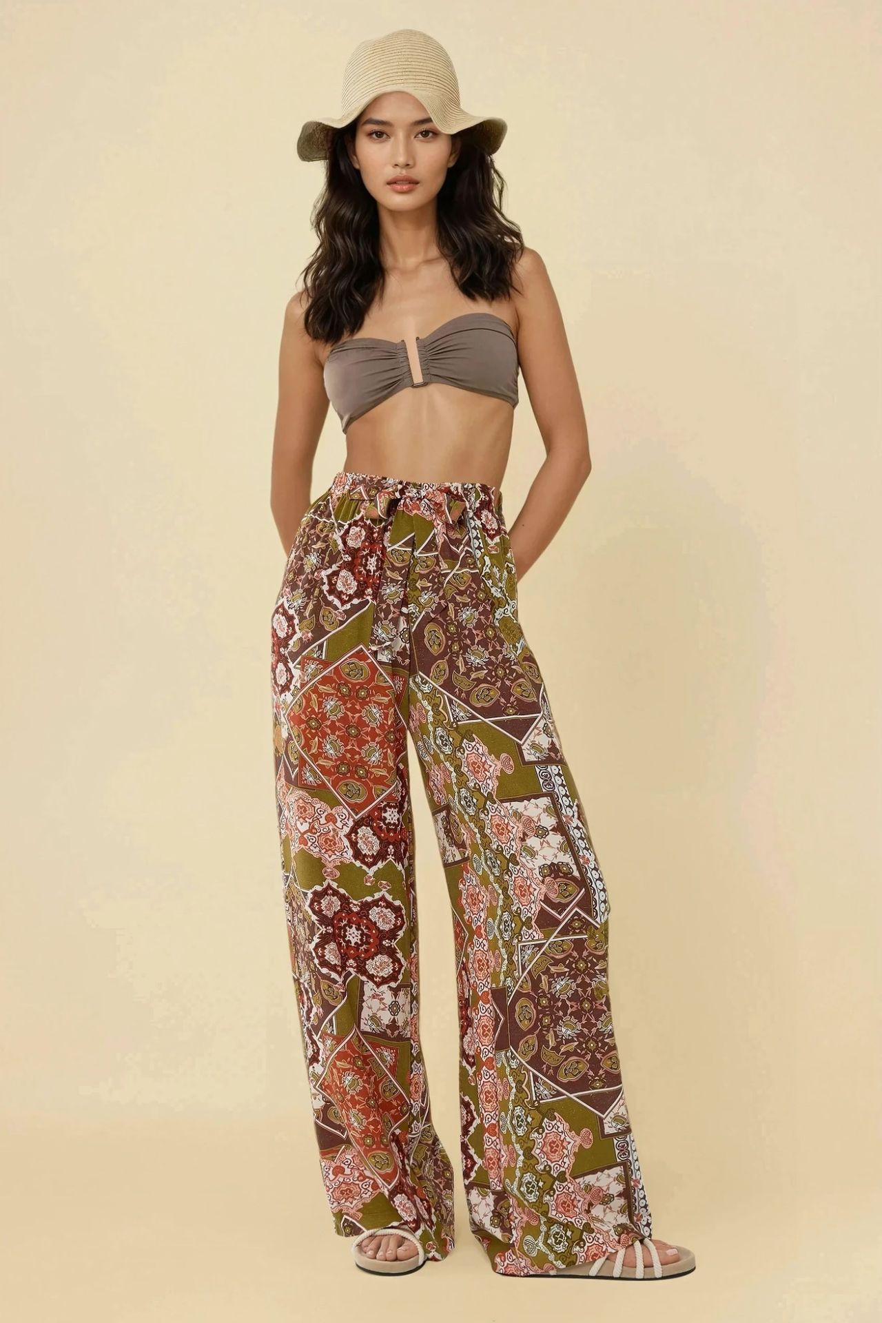 Wide Leg Elastic Waist Printed Pants