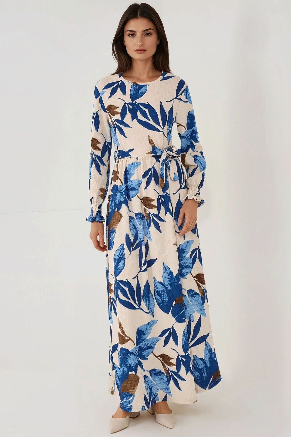 Floral Print Crew Neck Long Sleeve Maxi Dress