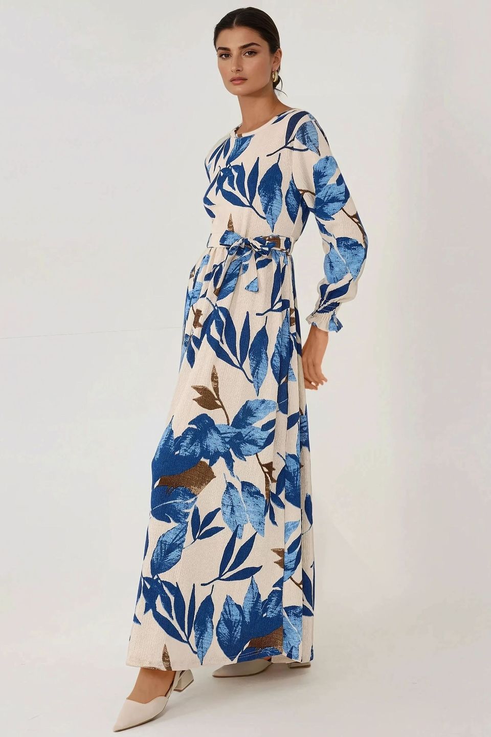 Floral Print Crew Neck Long Sleeve Maxi Dress