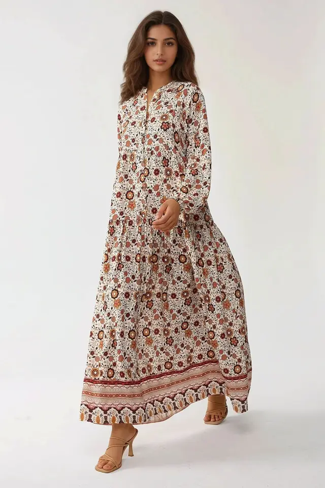 Printed V-Neck Maxi Dress with Buttons