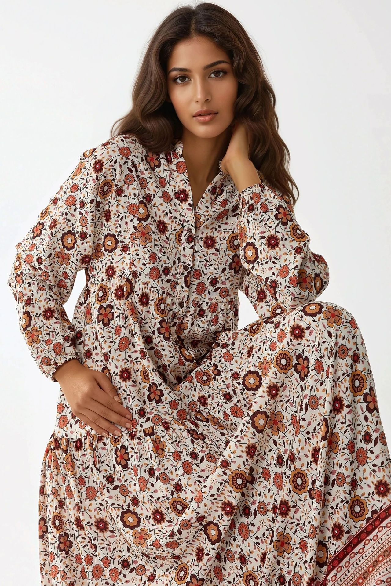 Printed V-Neck Maxi Dress with Buttons
