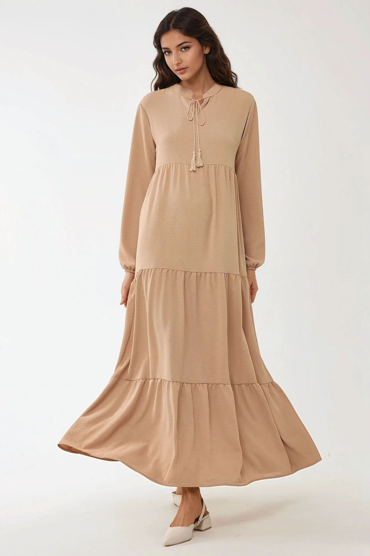 Textured Long Sleeve Crew Neck Maxi Dress
