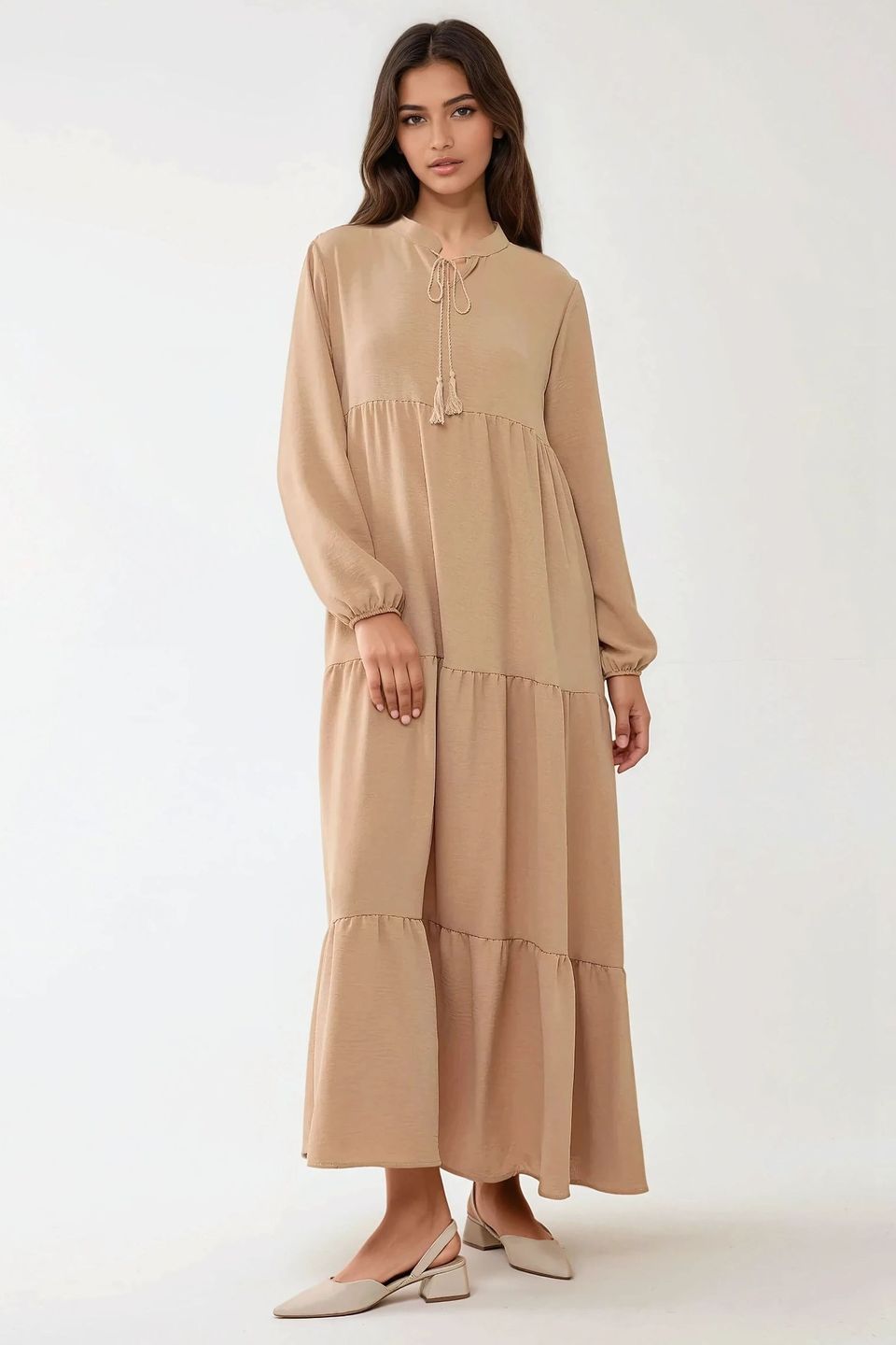 Textured Long Sleeve Crew Neck Maxi Dress