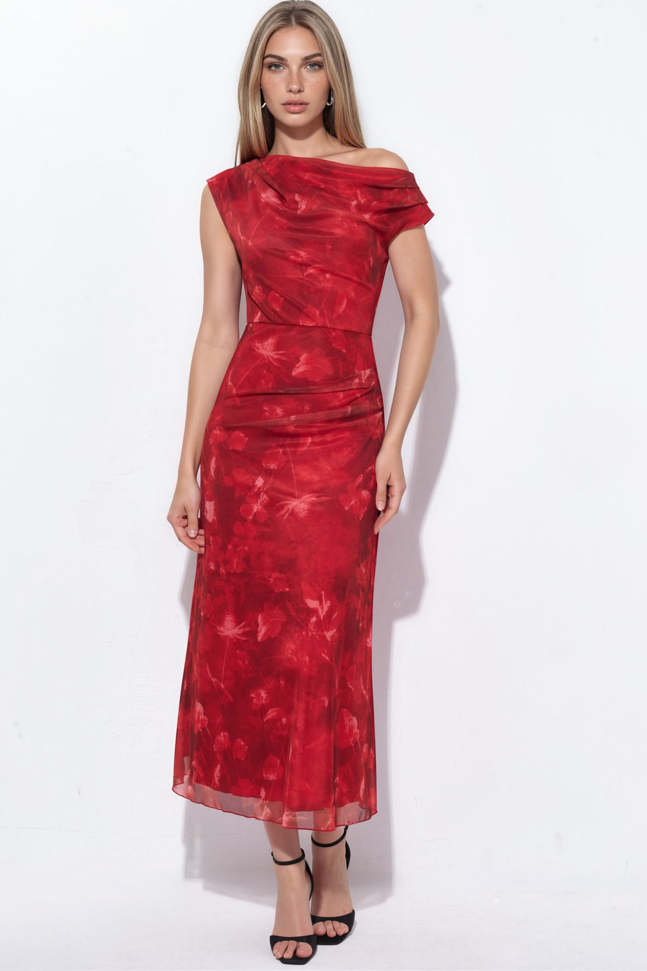 Patterned Lined Tulle Knit Midi Dress 1