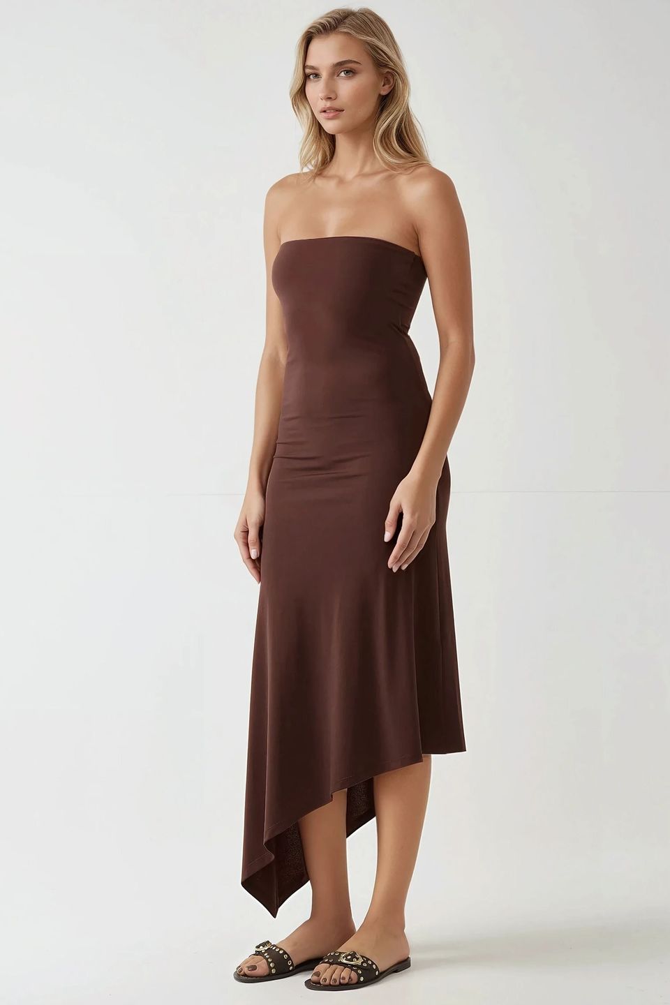 Strapless Bodycon Maxi Dress with Asymmetric Hem