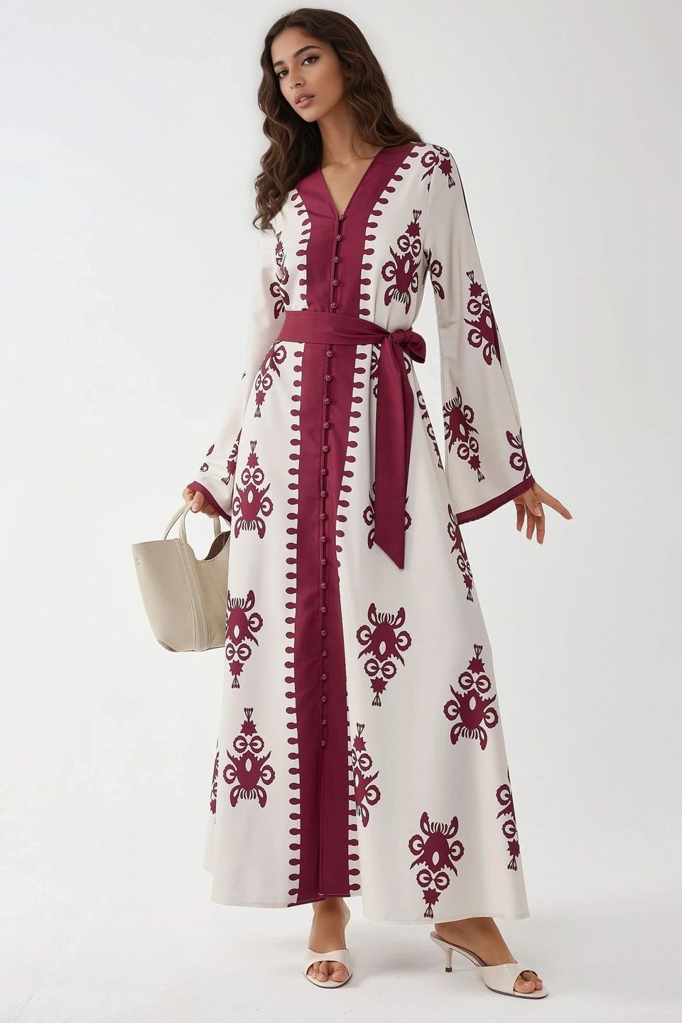 Printed Crew Neck Maxi Dress with Arched Detail