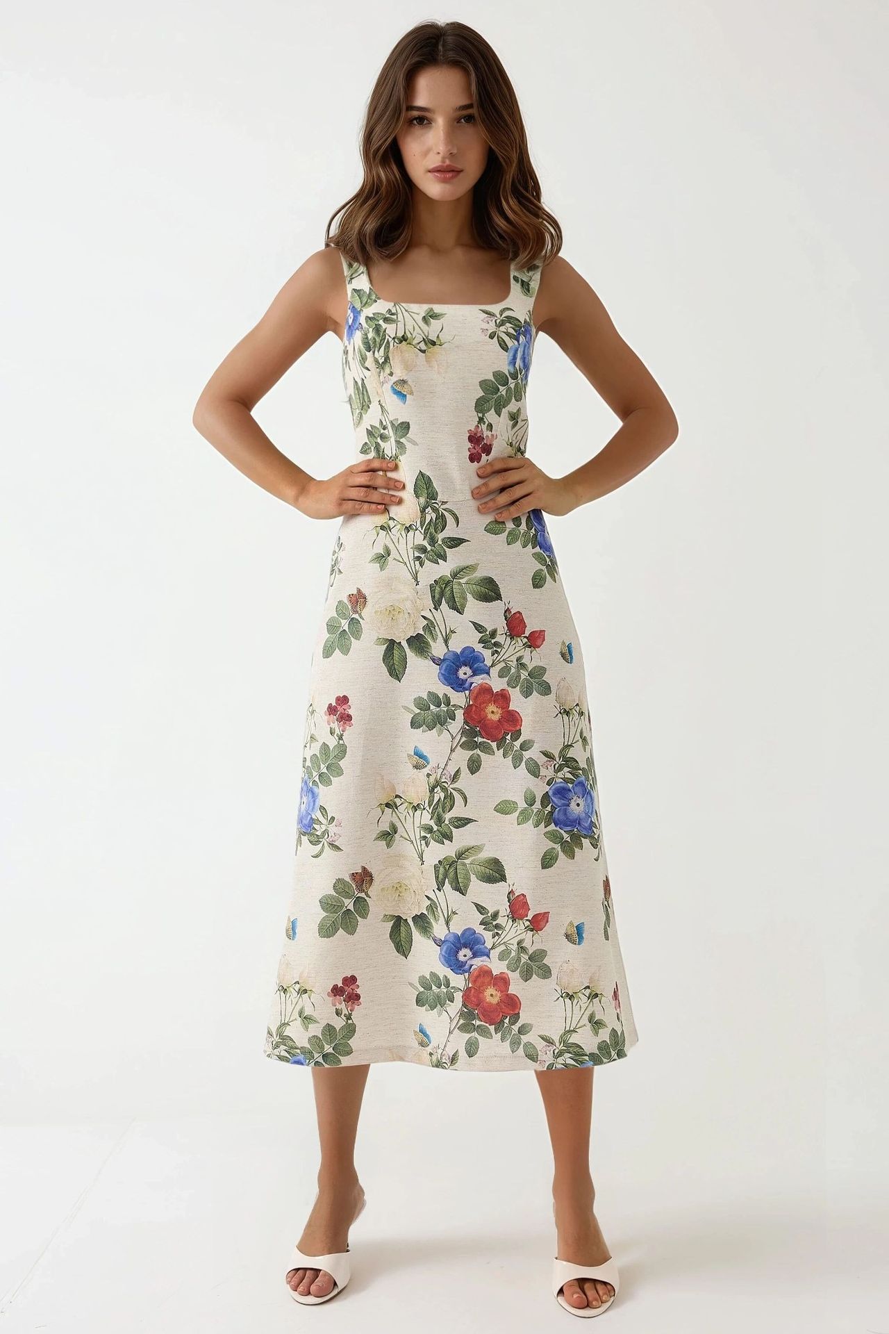 Linen Feel Allower Floral Print Maxi Dress with Back Elastic Detail