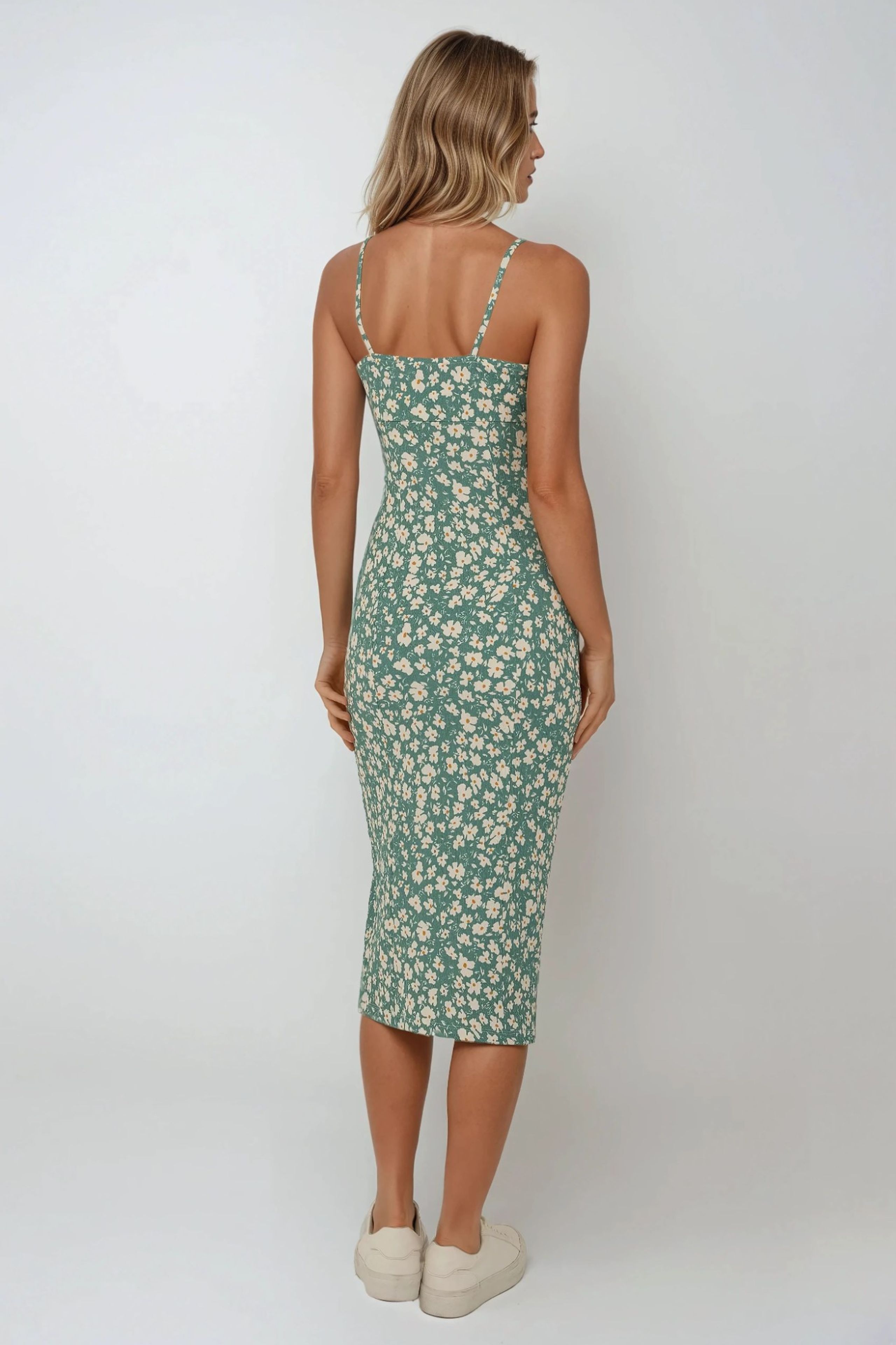 HiCCUP - Green Allover Flower Print Bodycon Midi Dress With Slit Women
