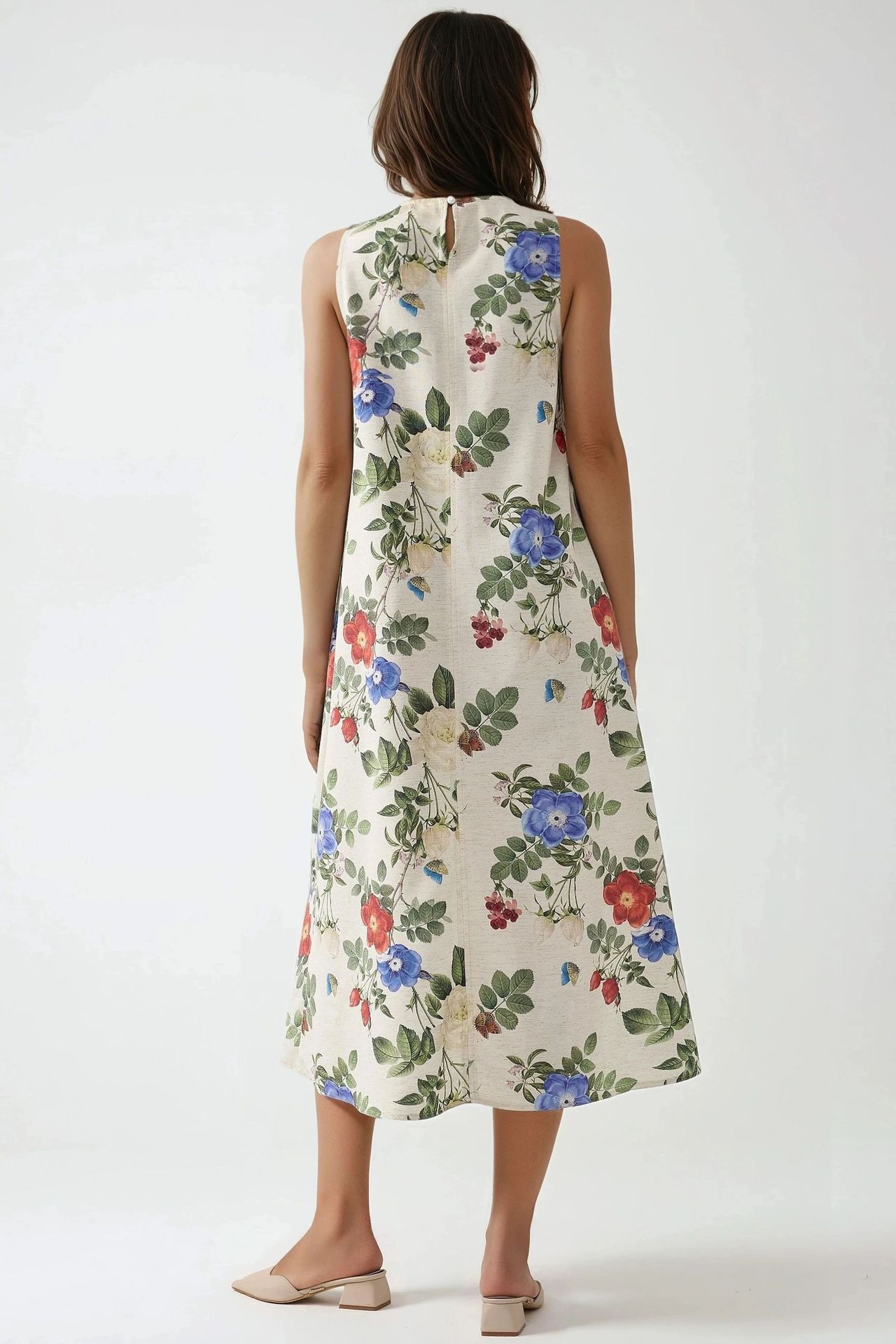 Linen Feel Sleeveless Crew Neck Midi Dress