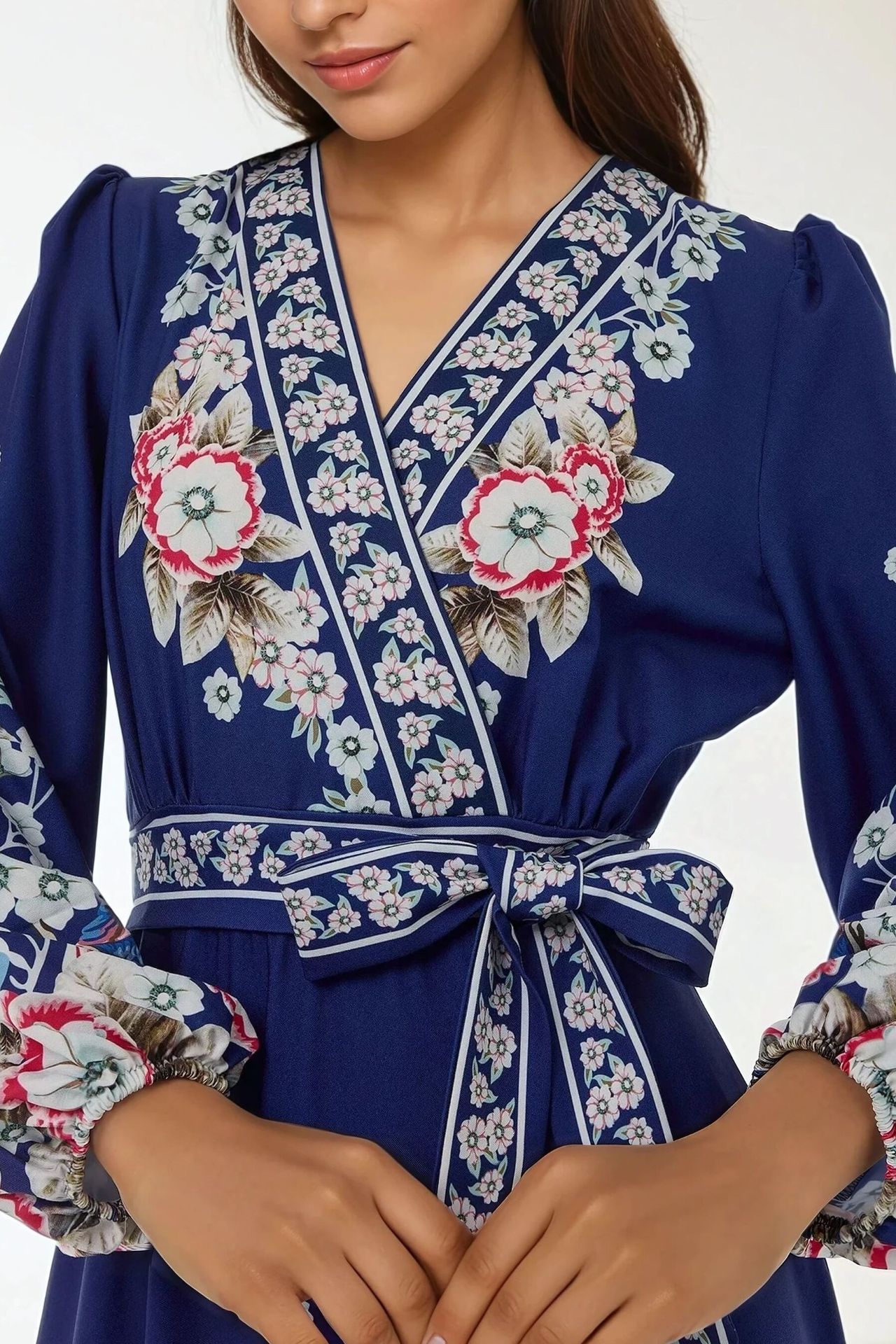 Printed V- Neck Long Sleeve Maxi Dress with Belt