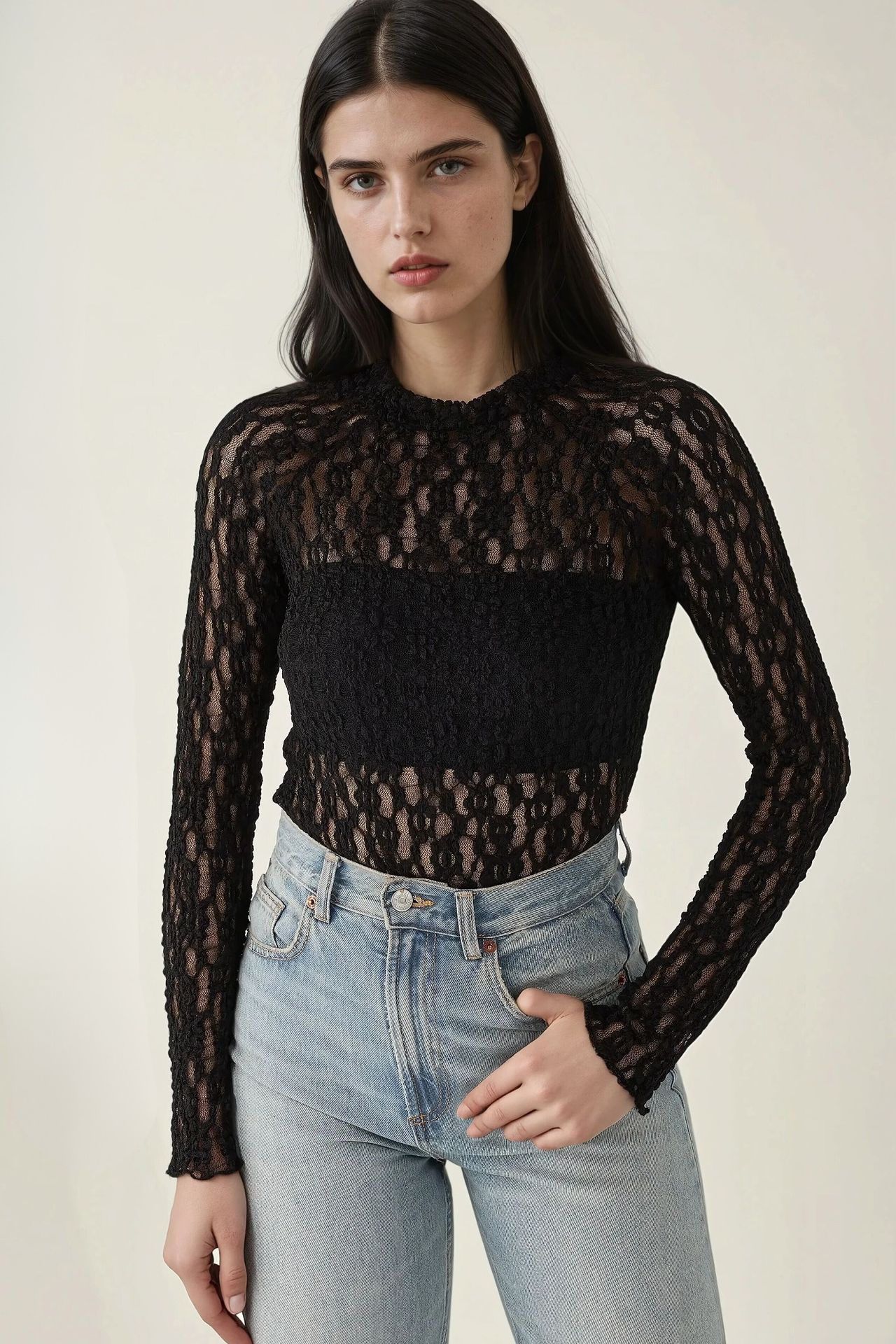 Lace Guipure Slim Fit Crew Neck Blouse