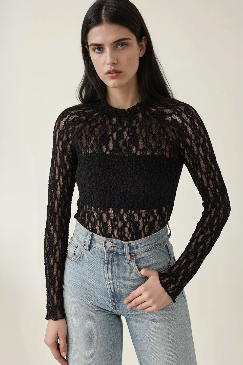 Lace Guipure Slim Fit Crew Neck Blouse
