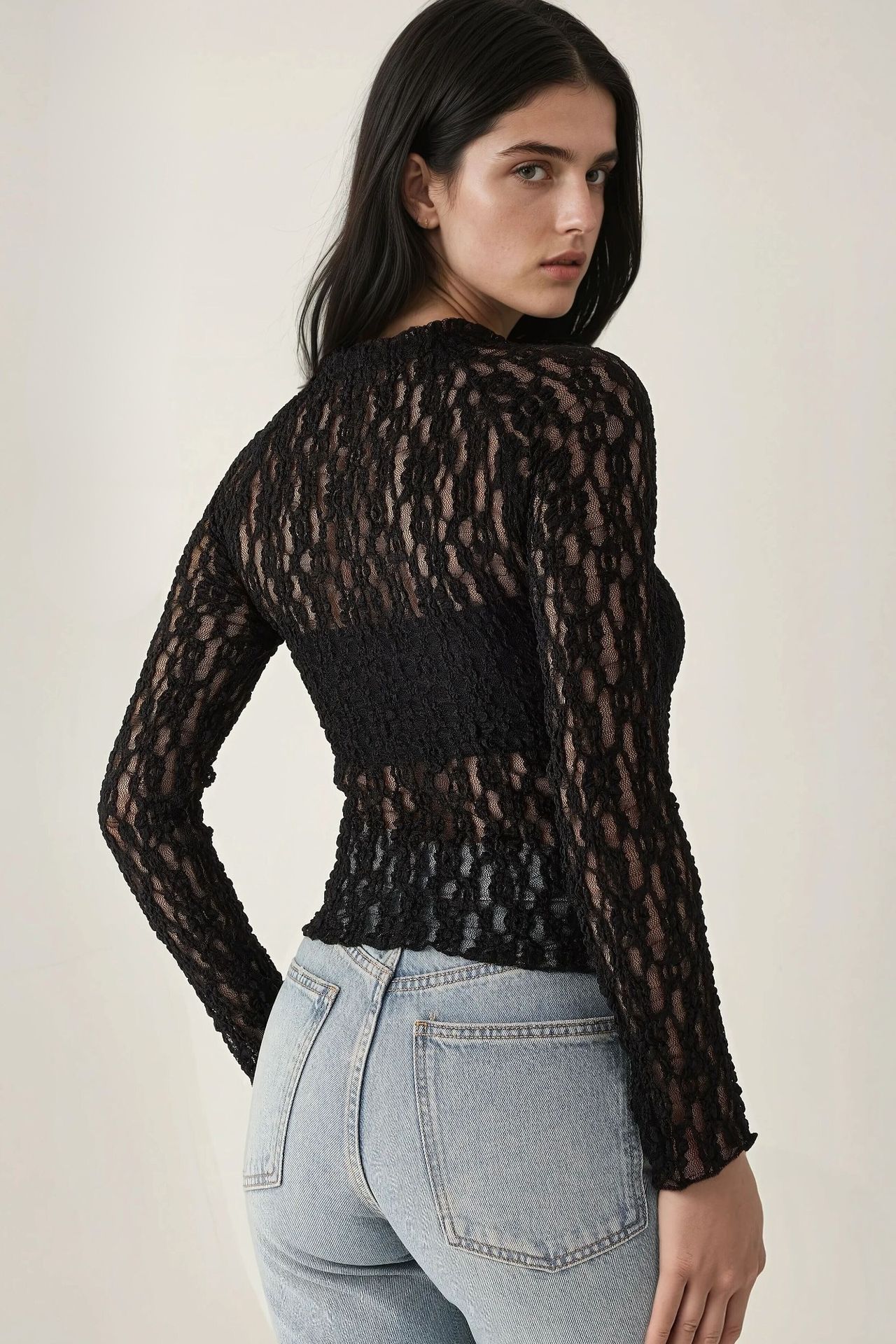 Lace Guipure Slim Fit Crew Neck Blouse