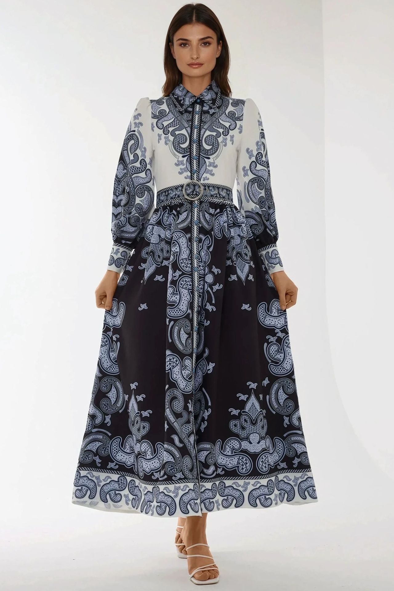 Printed Long Sleeve Maxi Dress with Belt
