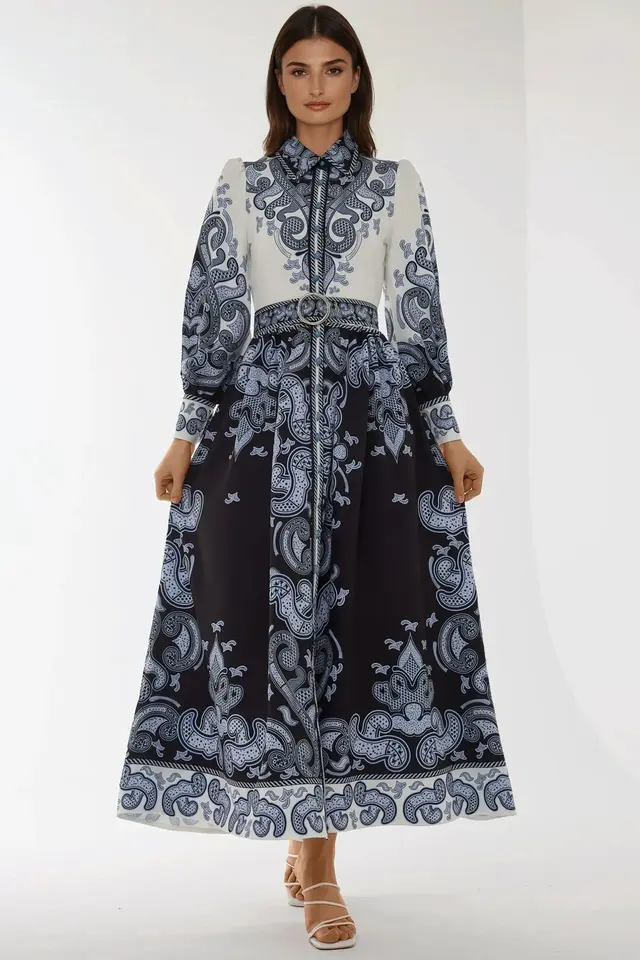 Printed Long Sleeve Maxi Dress with Belt