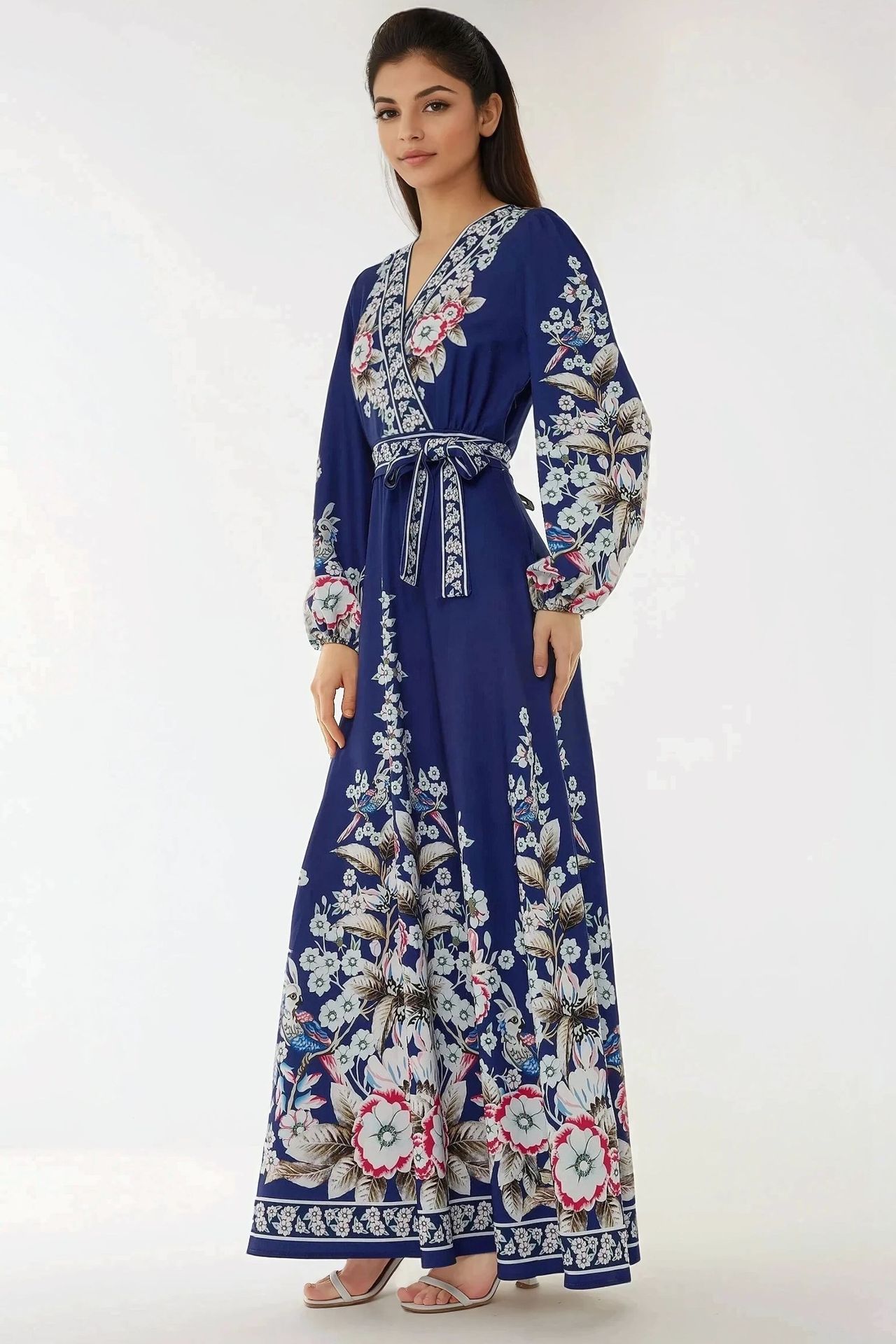 Printed V- Neck Long Sleeve Maxi Dress with Belt