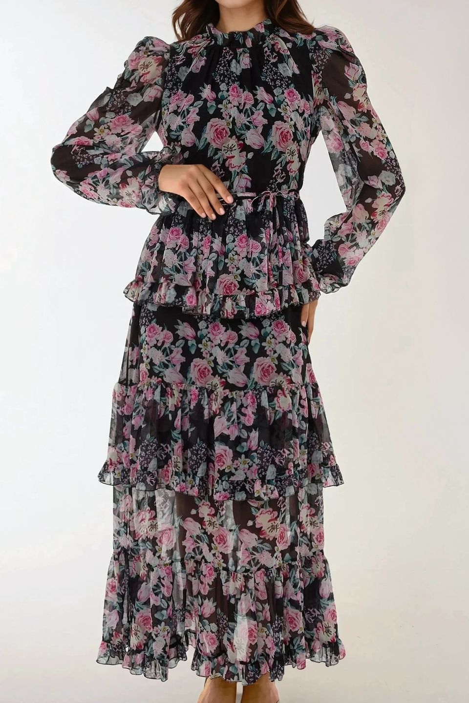Crew Neck Floral Maxi Dress with Ruffles