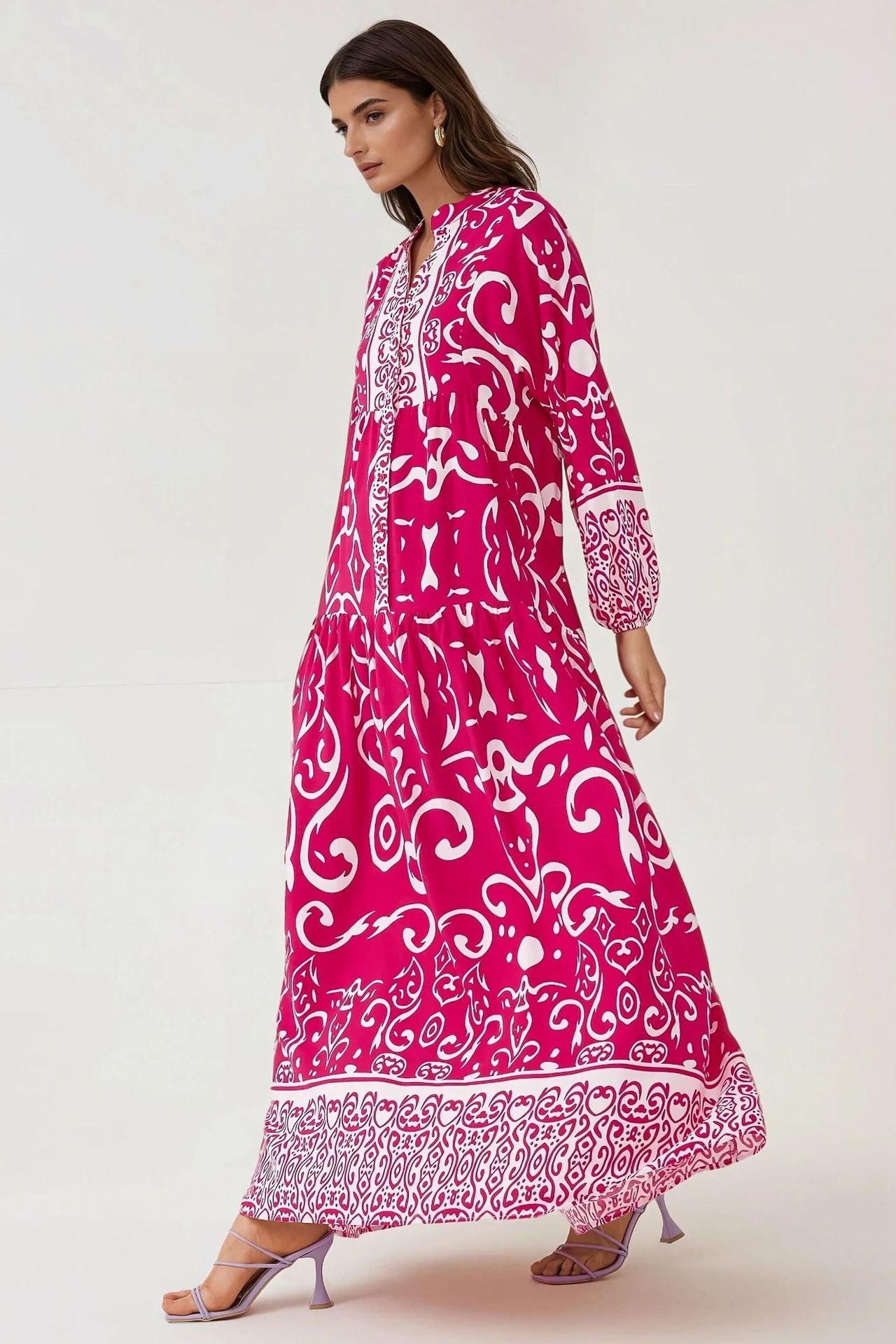 Printed Long Sleeve Viscose Maxi Dress 