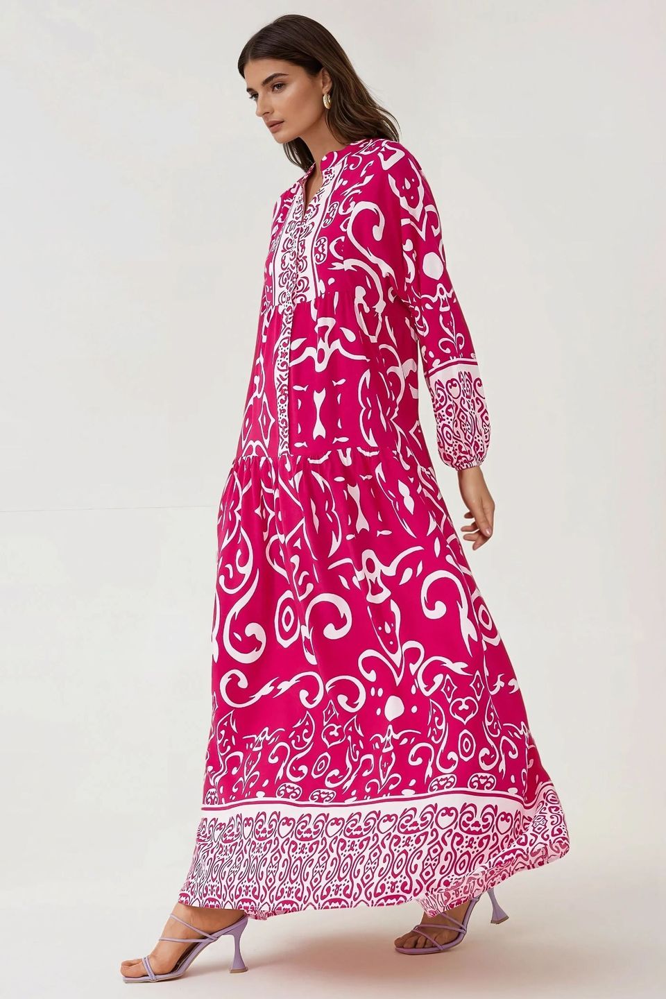 Printed Long Sleeve Viscose Maxi Dress 