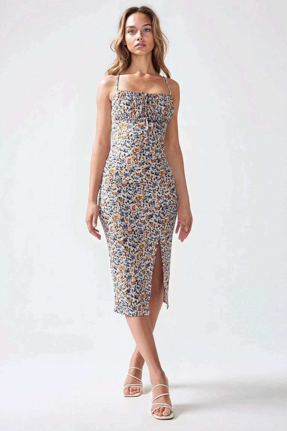 Allover Flower Print Bodycon Midi Dress with Slit