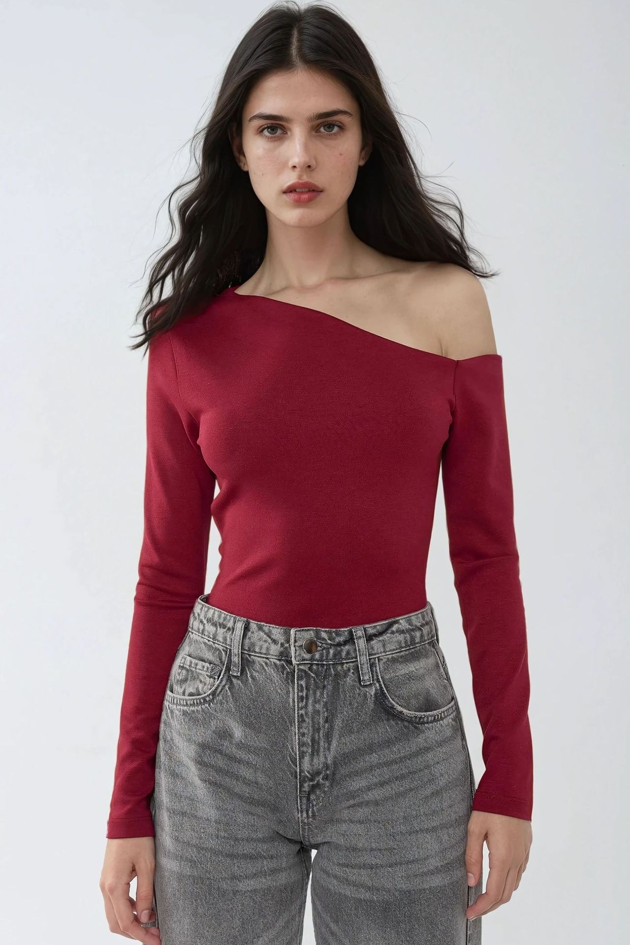 Asymmetrical Neck Long Sleeve Slim Fit Top