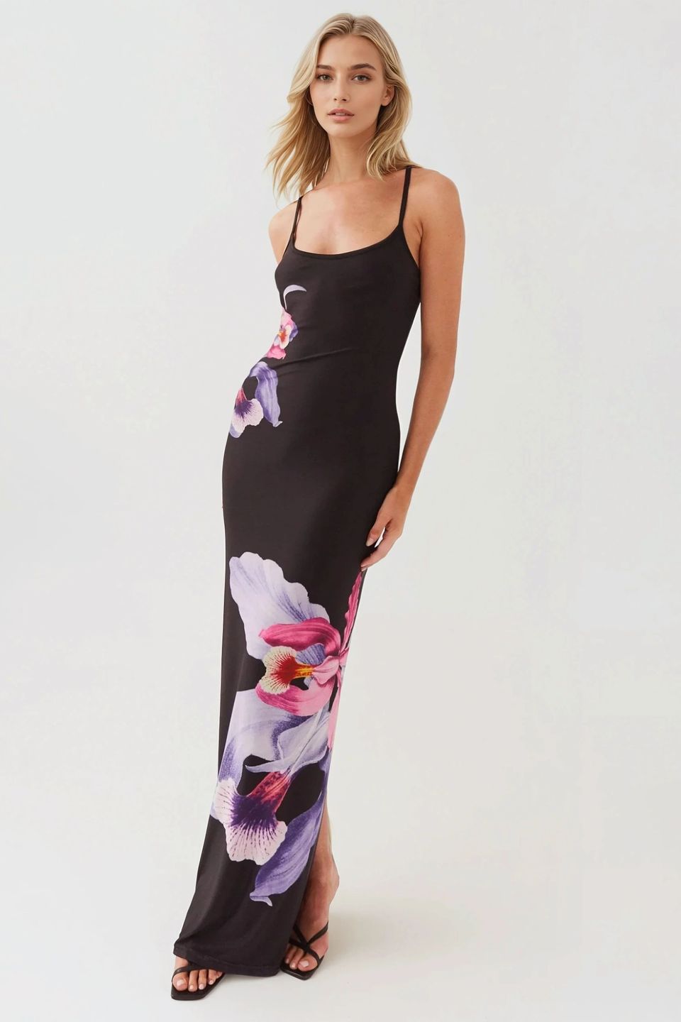 Floral Bodycon Maxi Dress with Square Collar