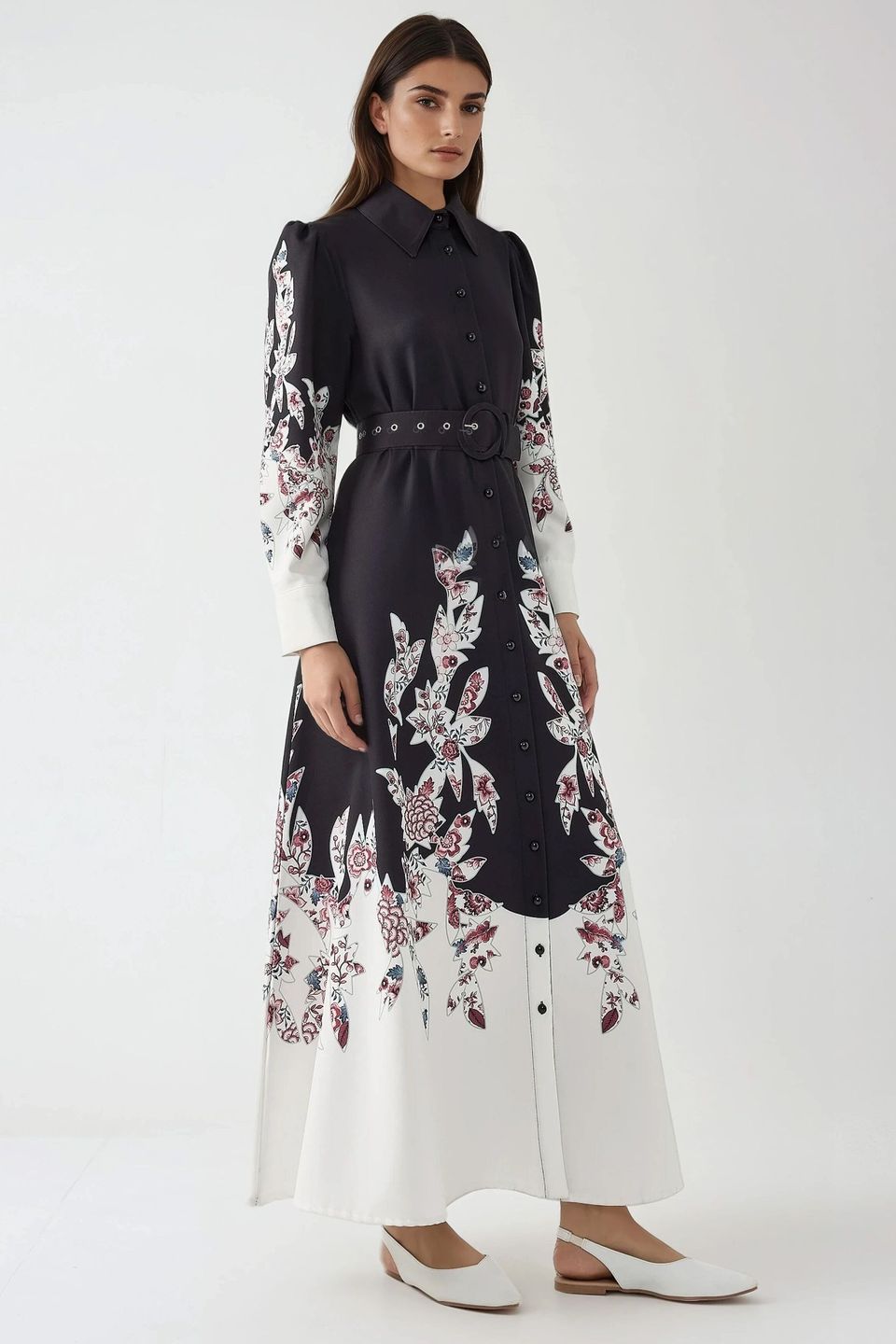 Printed Long Sleeve Maxi Dress with Belt