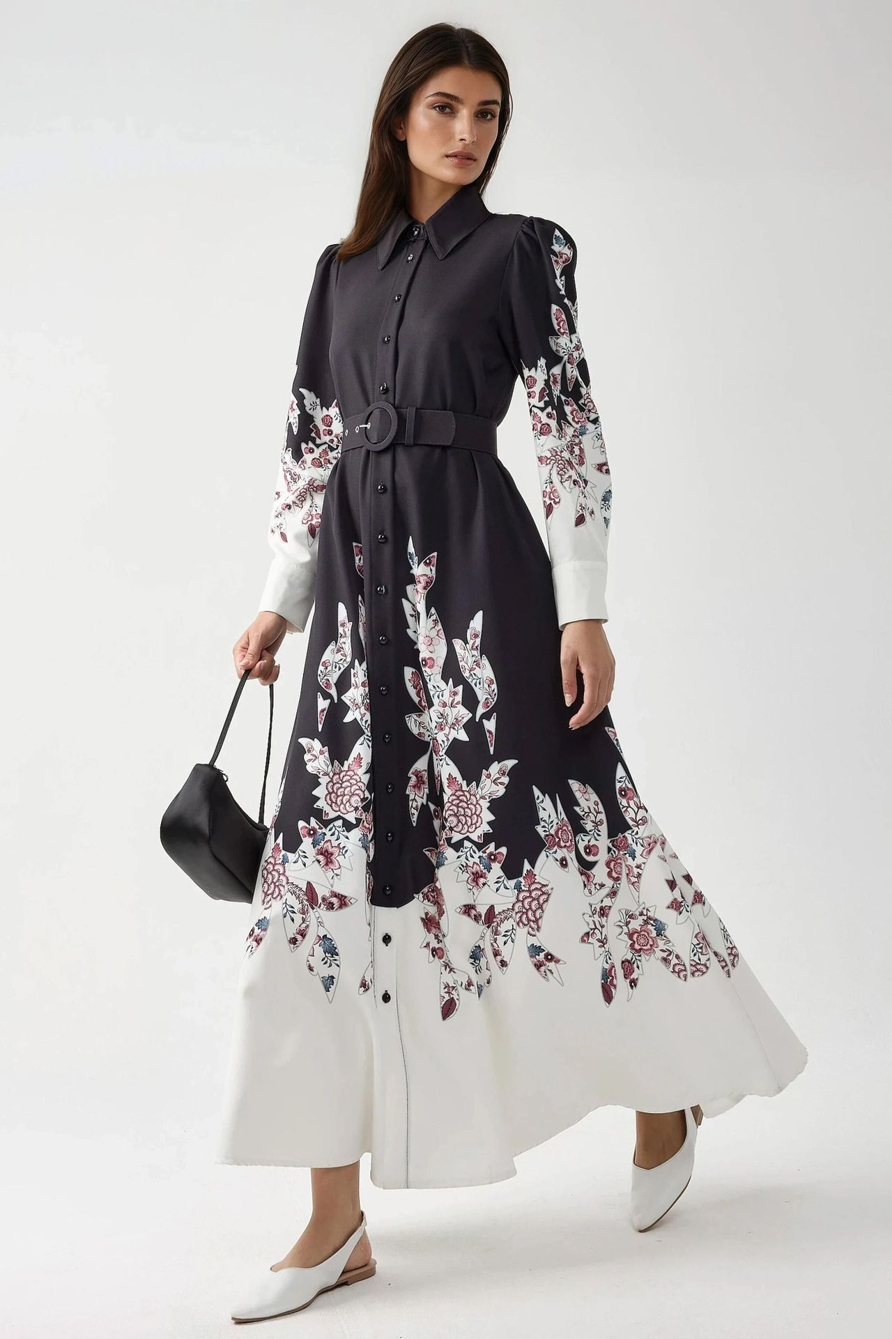 Printed Long Sleeve Maxi Dress with Belt