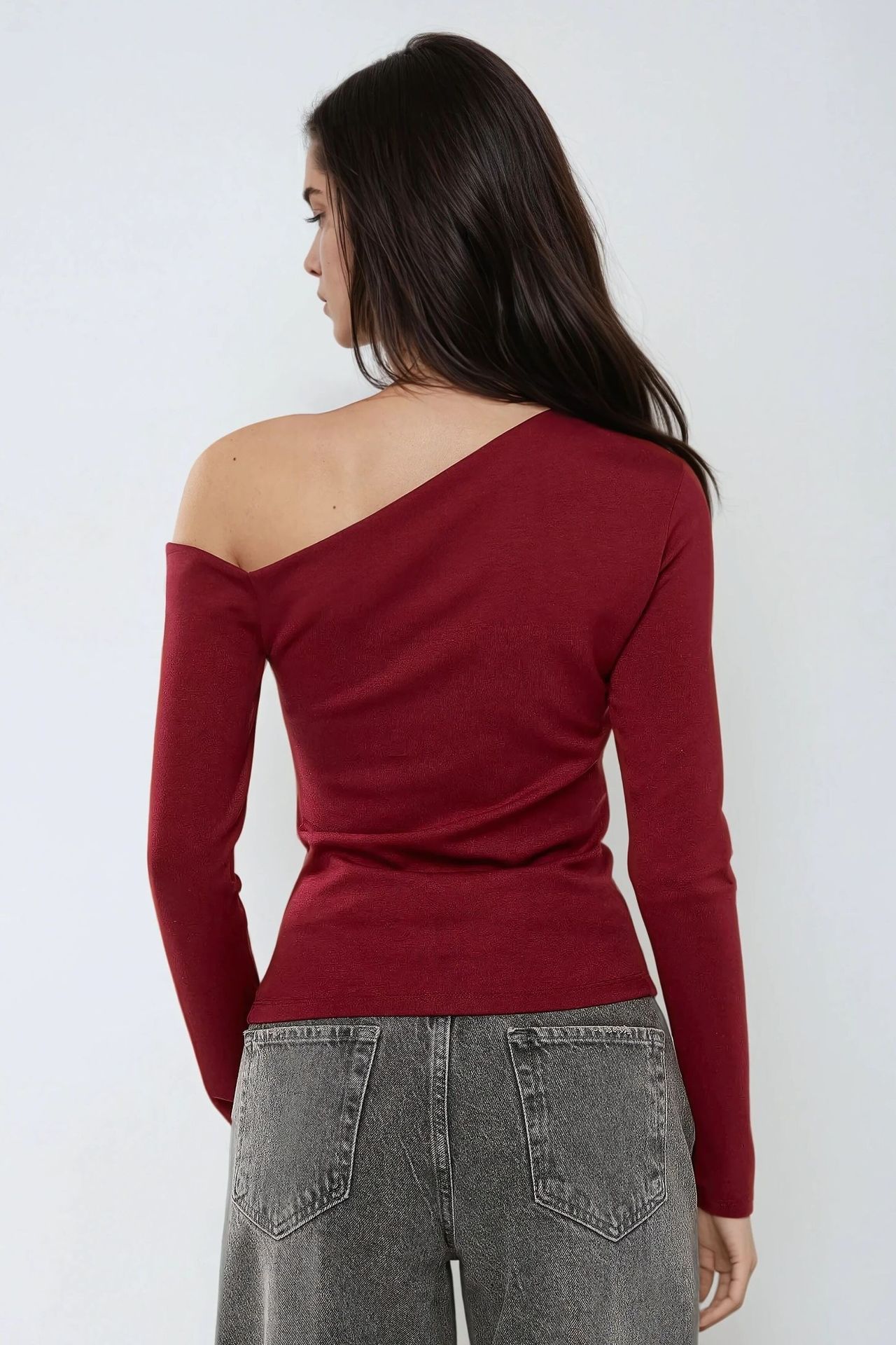 Asymmetrical Neck Long Sleeve Slim Fit Top