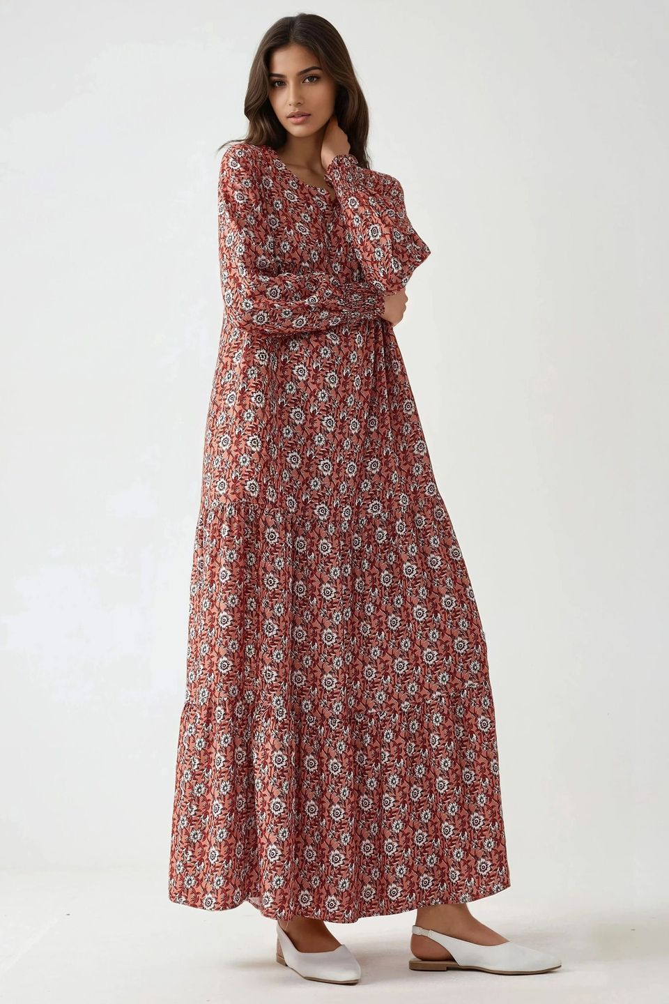 Printed Crew Neck Viscose Maxi Dress