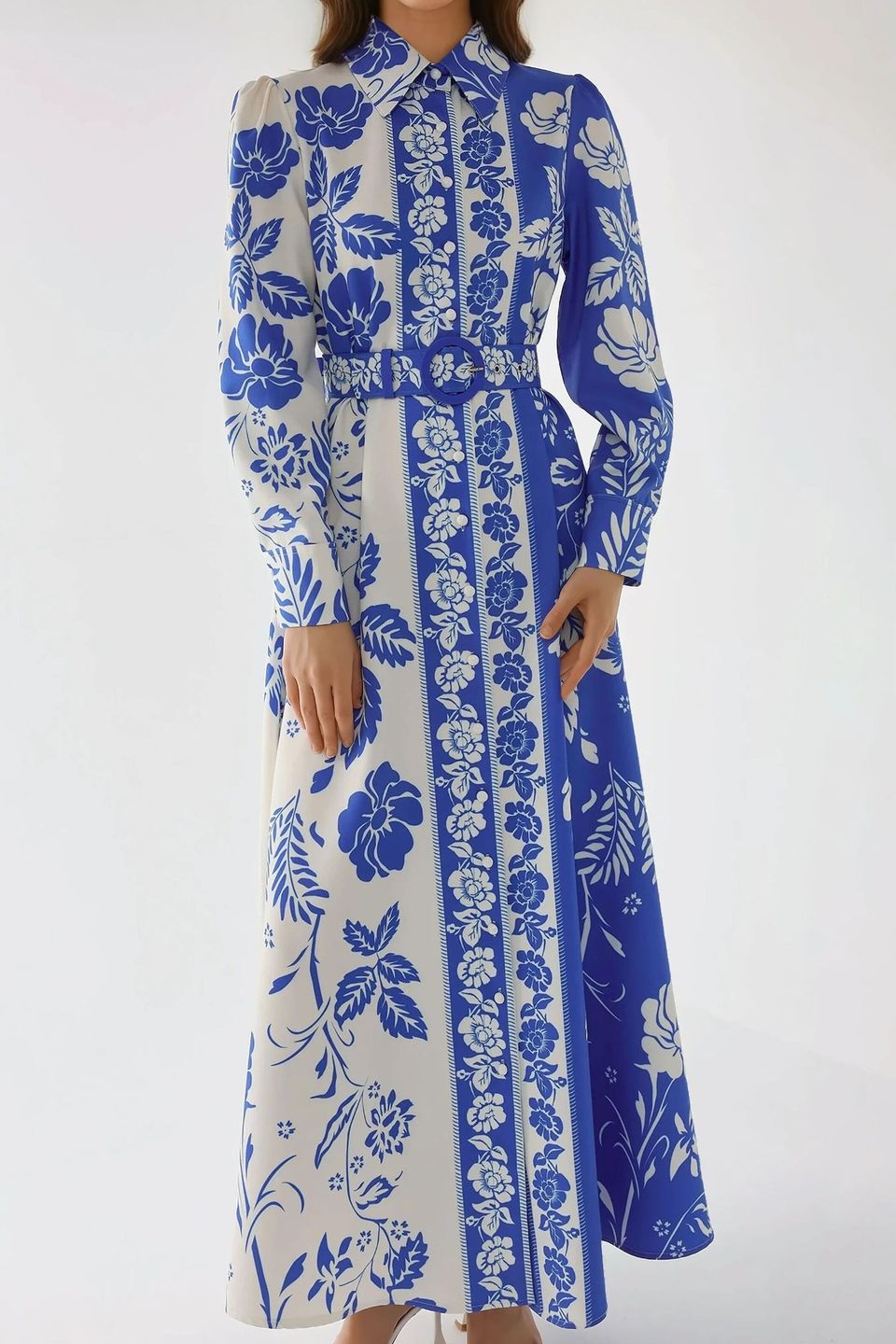 Printed Long Sleeve Maxi Dress with Belt
