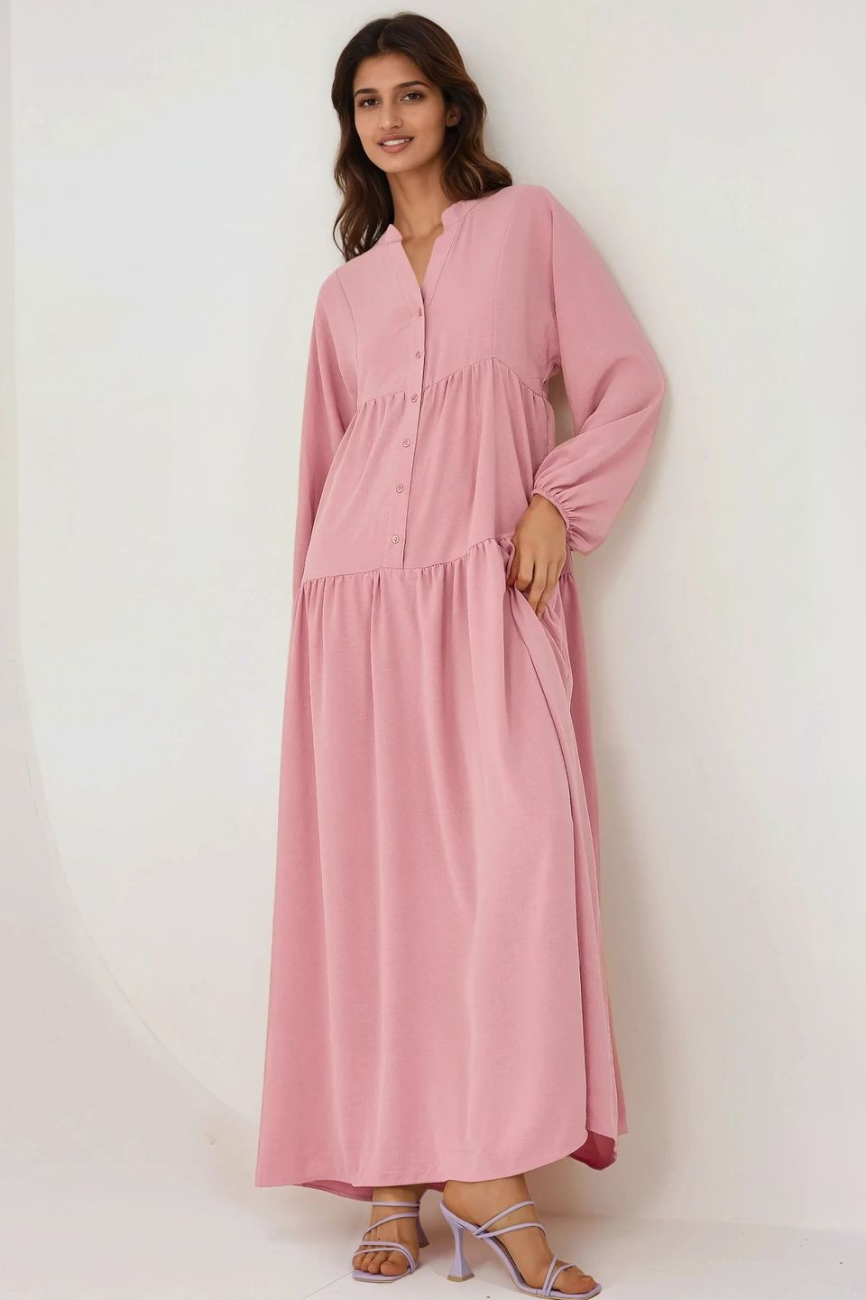 Textured V-Neck Maxi Dress with Button Detail