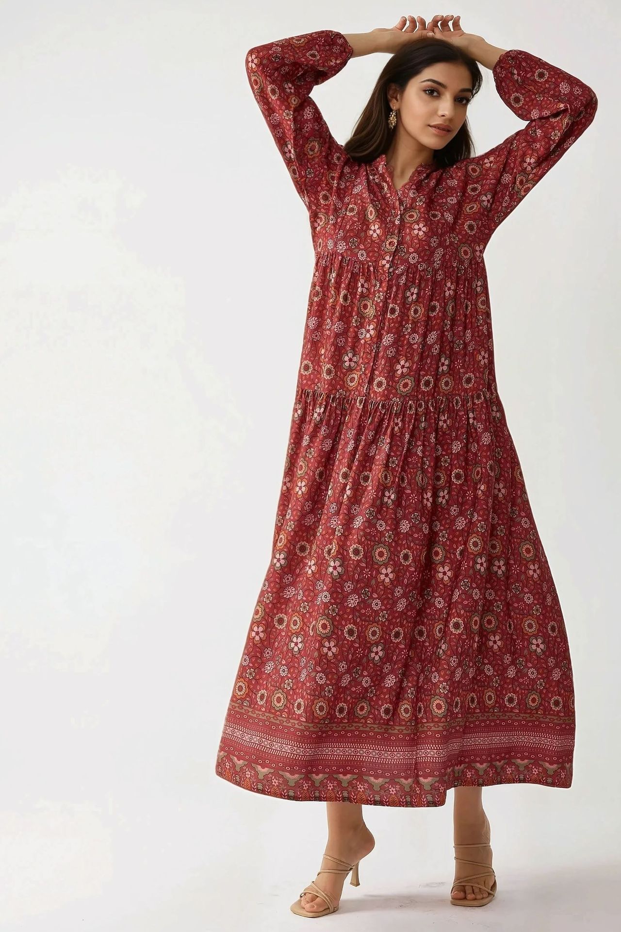 Printed V-Neck Maxi Dress with Buttons