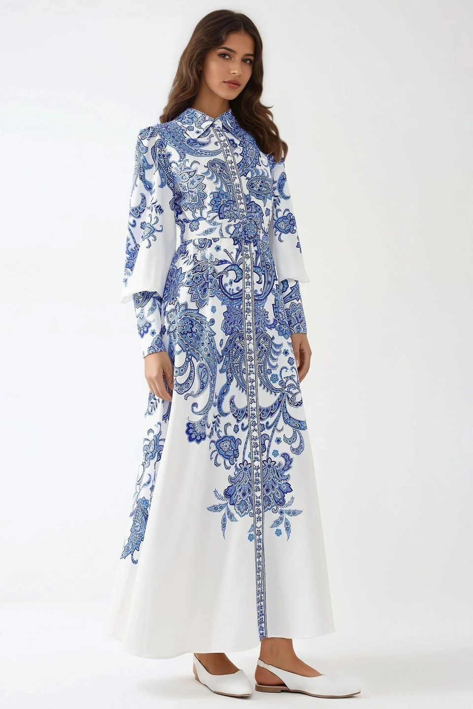 Printed Maxi Dress with Shirt Collar and Button Detail