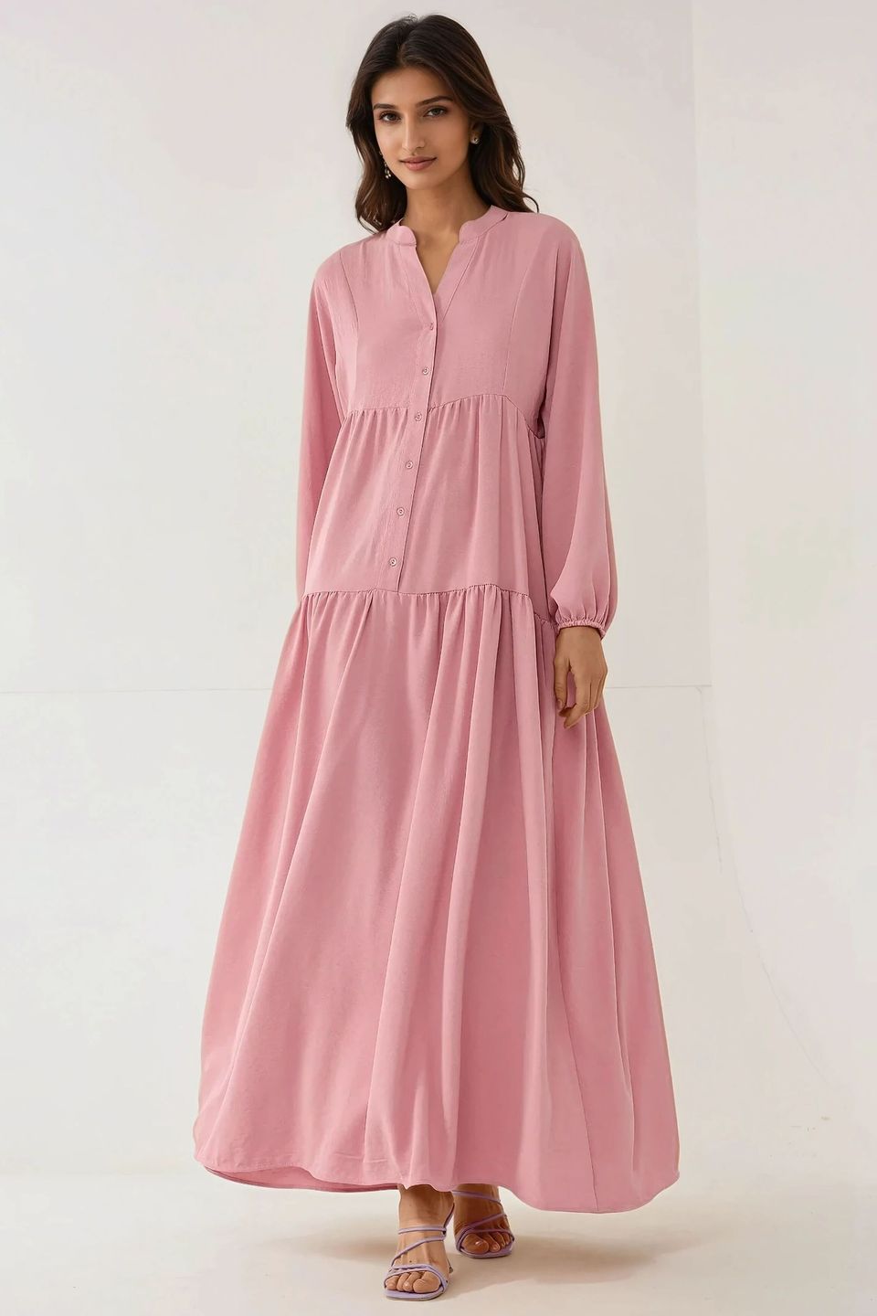 Textured V-Neck Maxi Dress with Button Detail