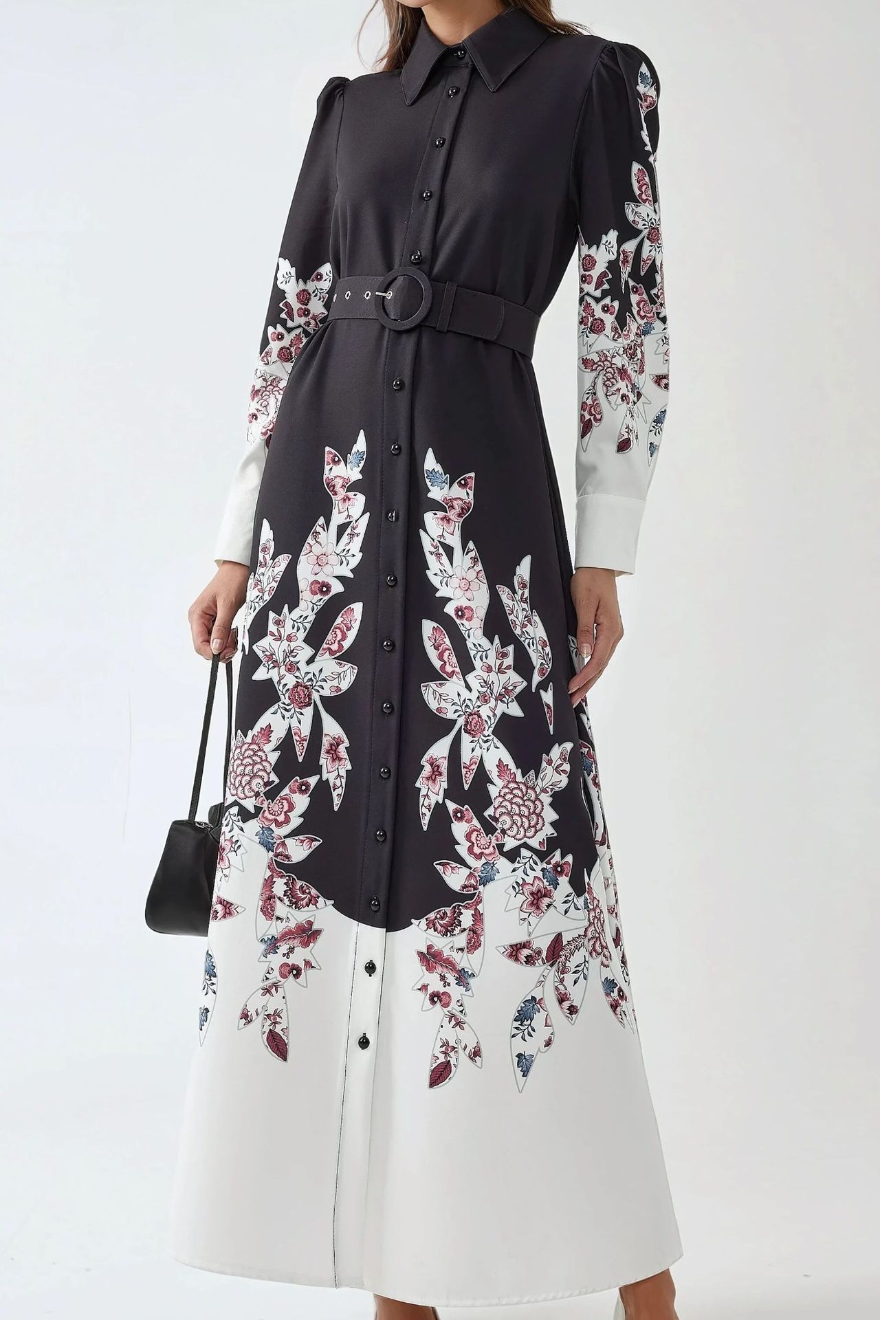 Printed Long Sleeve Maxi Dress with Belt